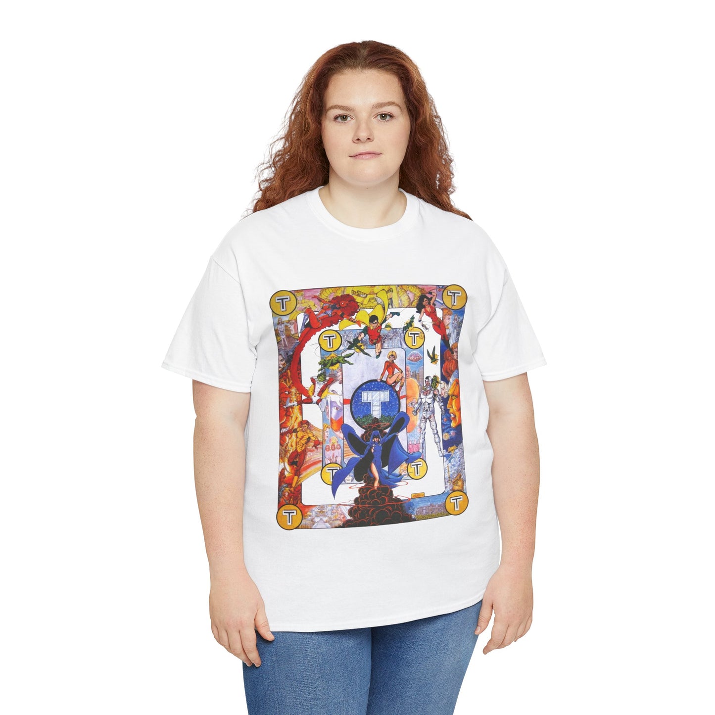 New Teen Titans Poster T-Shirt - George Perez Art - Cyborg, Raven, Robin, Terra, Wonder Girl, Changeling, Kid Flash, Deathstroke, Blackfire - DC Comics