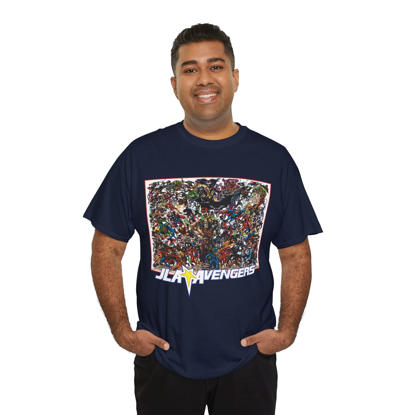 JLA Vs Avengers T-Shirt - Stunning, Classic George Perez Art - DC & Marvel 200s Crossover - Superman, Thor, Wonder Woman, Captain America, Flash, Black Panther, Iron Man, Batman