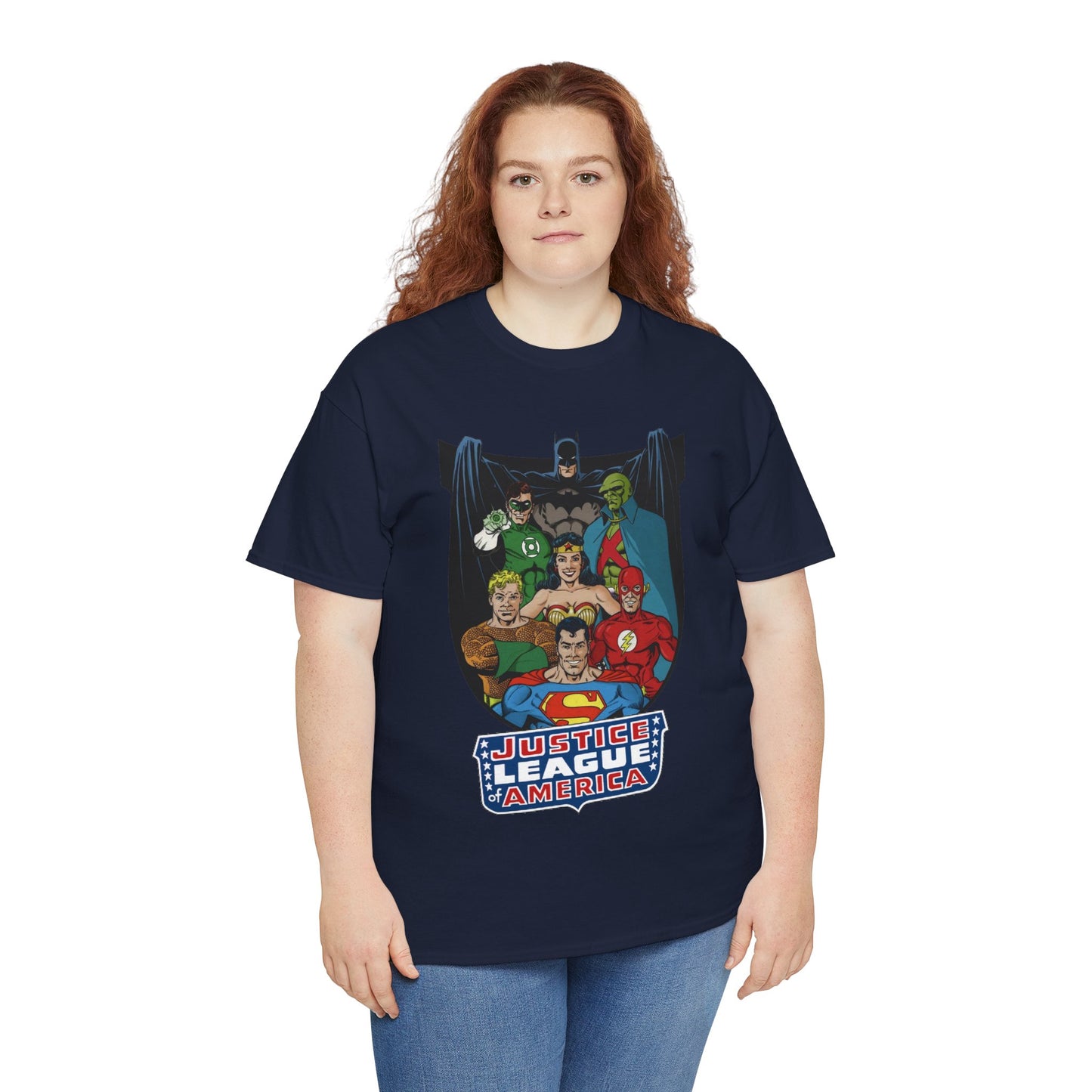 Justice League of America T-Shirt - George Perez Art - Superman, Wonder Woman, Batman, Aquaman, Martian Manhunter, Flash, Green Lantern - DC Comics