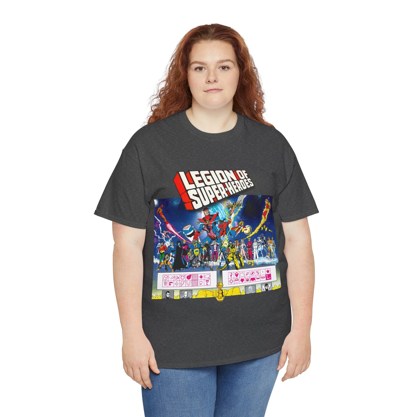 Legion of Super-Heroes T-Shirt - Gorgeous George Perez Art - History of the DC Universe - Lightning Lad, Timber Wolf, Wildfire, Sun Boy, Chamelon Boy - DC Comics