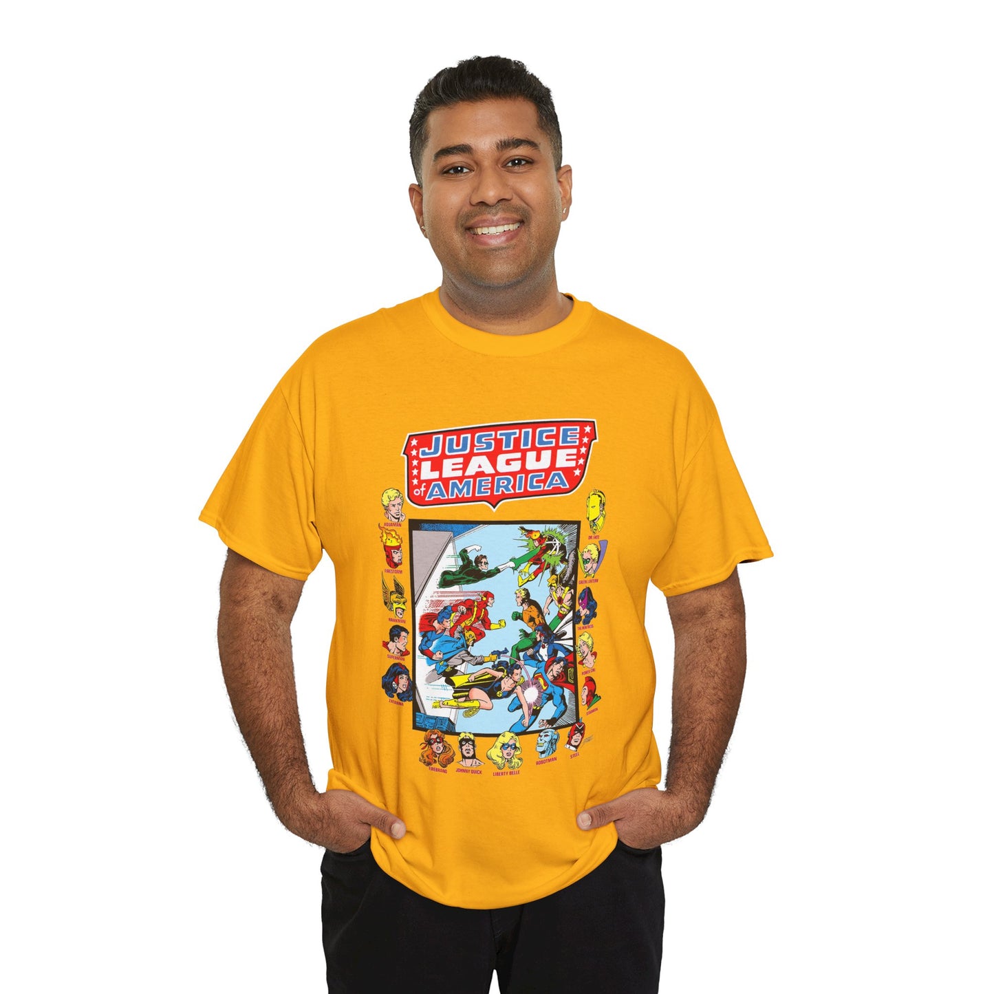 JLA & JSA T-Shirt - George Perez Art - All-Star Squadron - Firestorm, Huntress, Starman, Zatanna, Liberty Belle, Superman, Robotman, Firebrand, Dr Fate - DC Comics