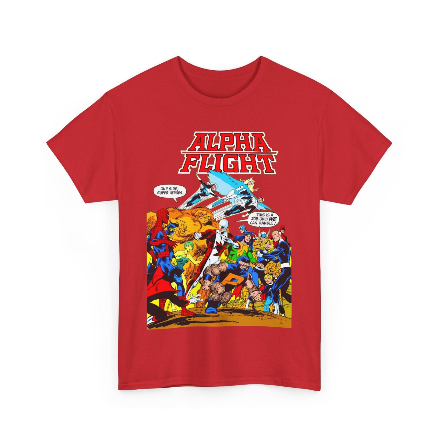 Alpha Flight T-Shirt - John Byrne Art - Sasquatch, Aurora, Northstar, Guardian, Puck, Shaman, Snowbird - Canada's Super Team - Marvel Comics