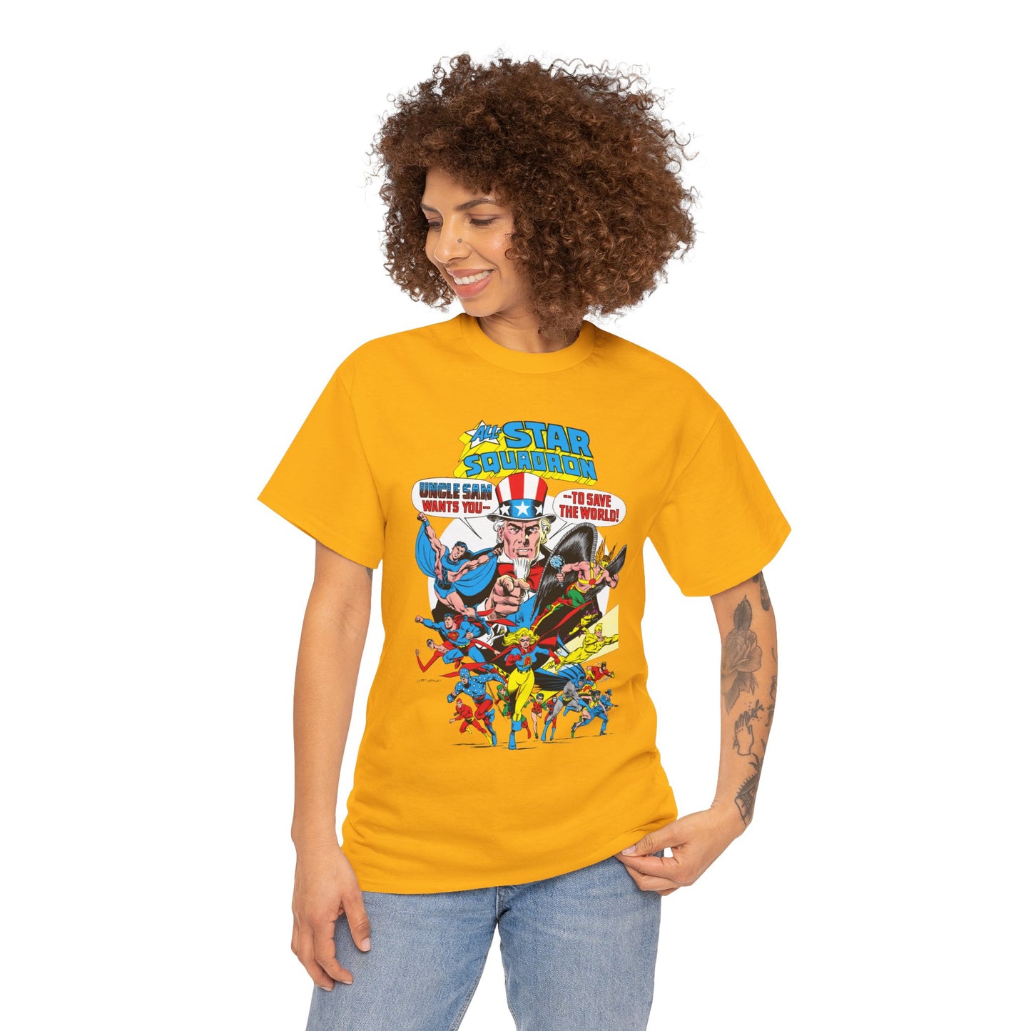All-Star Squadron T-Shirt - Jerry Ordway Art - Uncle Sam, Hawkman, Superman, Liberty Belle, Black Condor, the Ray, Batman, Plastic Man - JSA Link - DC Comics
