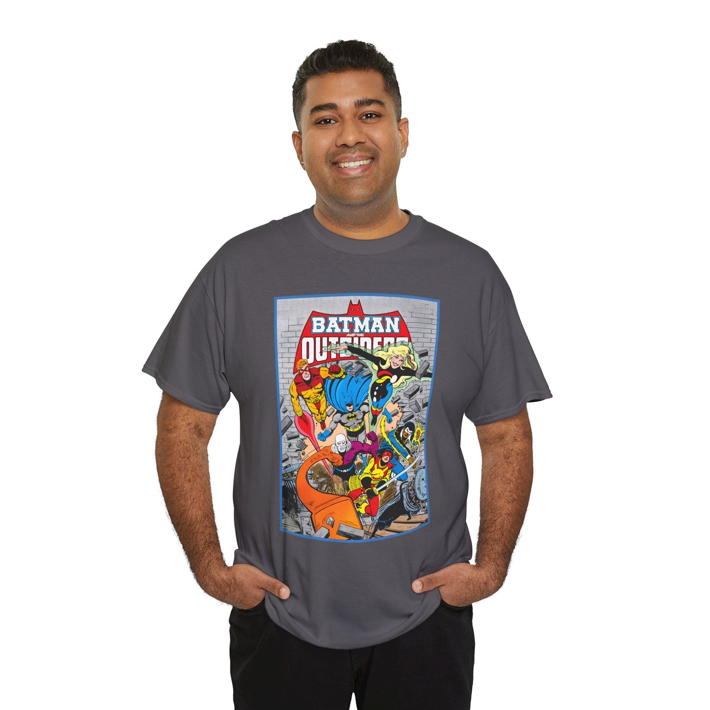 Batman & the Outsiders T-Shirt - Jim Aparo Art - Katana, Geo-Force, Black Lightning, Metamorpho, Halo - DC Comics - 1980s JLA Spin-Off Series