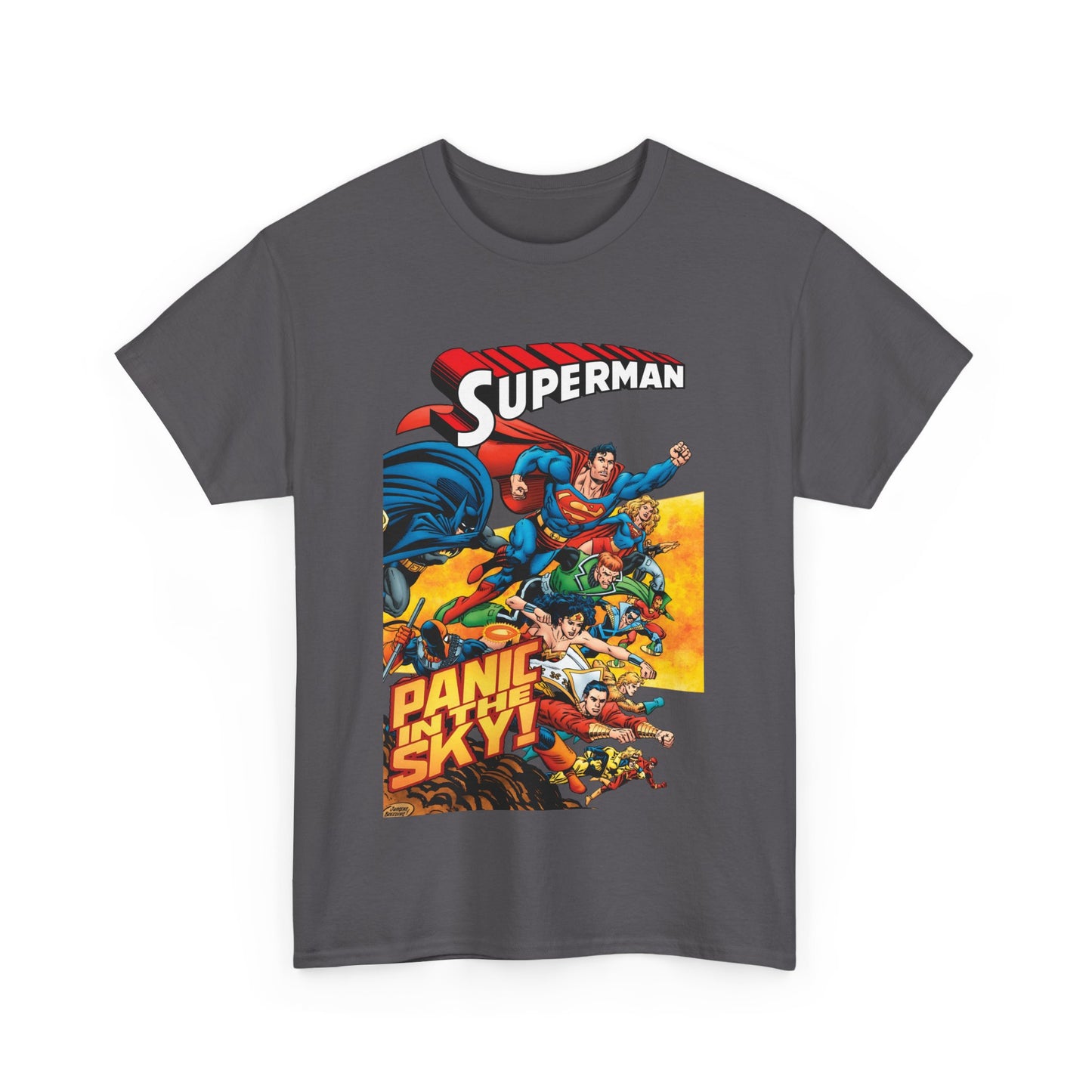 Superman - Panic in the Sky T-Shirt - Dan Jurgens Art - Vs Brainiac & Maxima - Wonder Woman, Booster Gold, Shazam, Batman, Flash, Aquaman, Supergirl - DC Comics