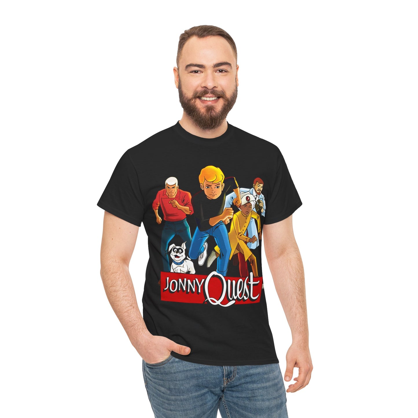 Jonny Quest T-Shirt - Popular Hanna-Barbera Cartoon Characters from the 1960s Adventure TV Show - Dr Benton, Hadji, Race Bannon, Bandit the Dog