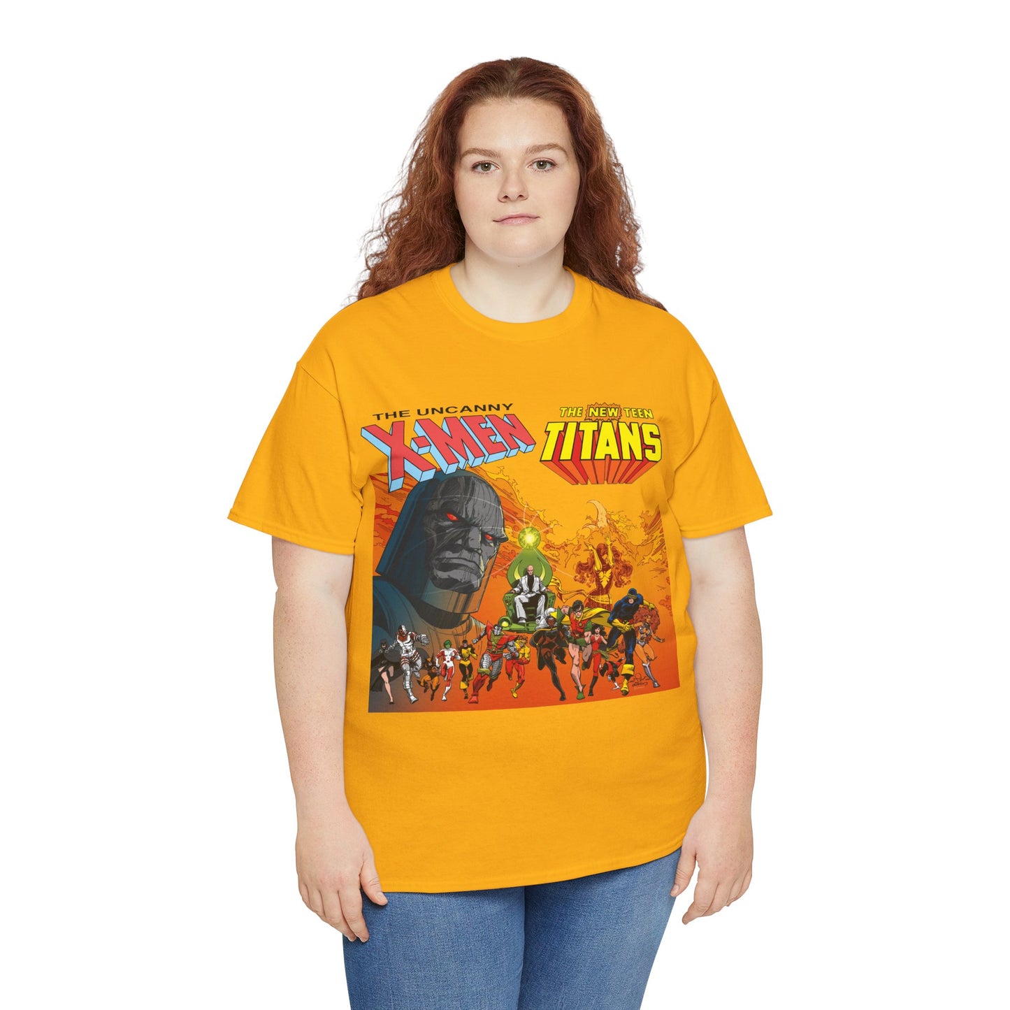 X-Men & New Teen Titans T-Shirt - Walt Simonson Art - Marvel & DC Comics Crossover - Wolverine, Raven, Storm, Cyclops, Robin, Cyborg, Colossus, Dark Phoenix, Darkseid