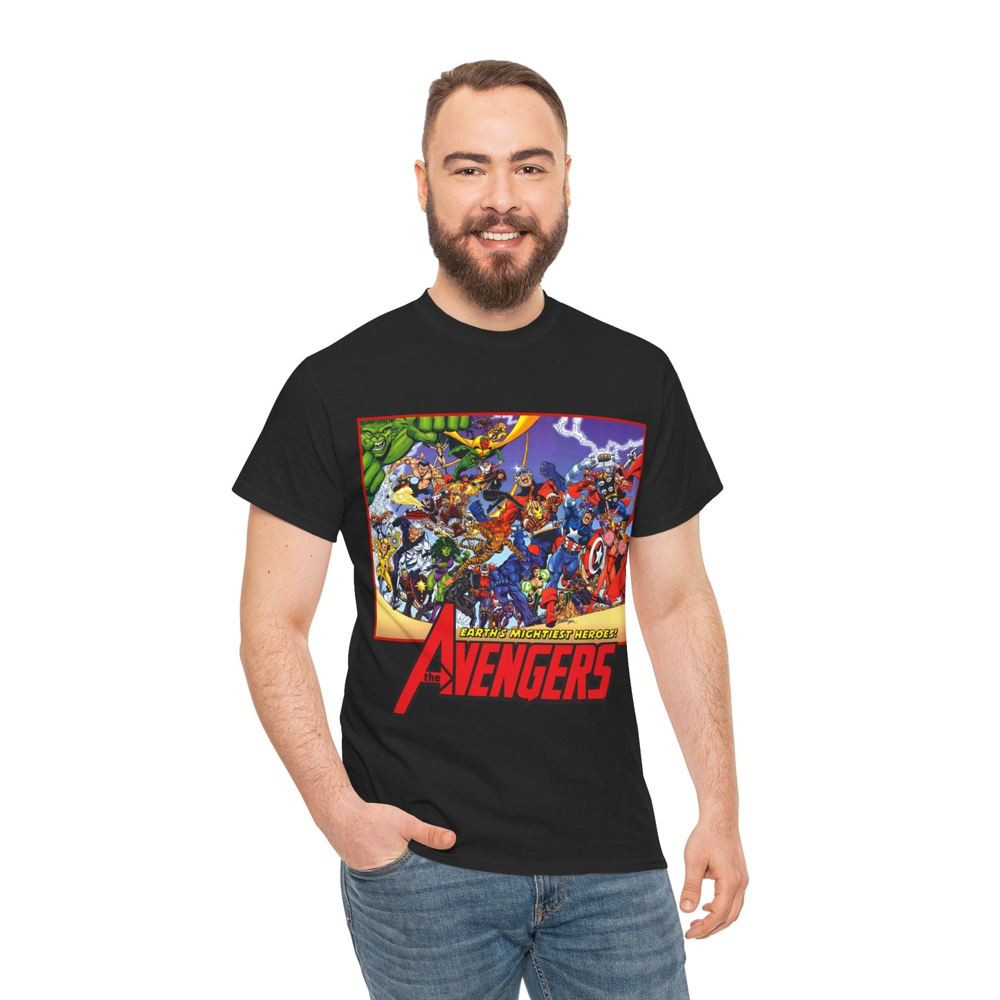 Avengers T-Shirt - George Perez Art - Marvel Comics - Captain America, Iron Man, Thor, She-Hulk, Hawkeye, Vision, Quicksilver - Classic Cover