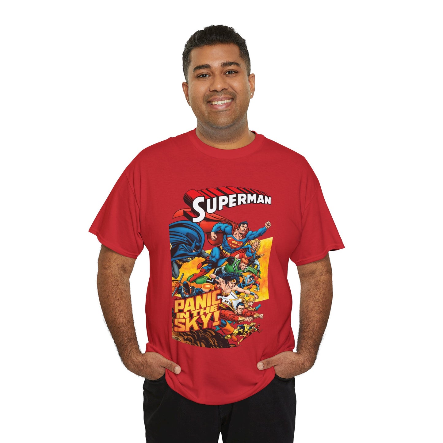 Superman - Panic in the Sky T-Shirt - Dan Jurgens Art - Vs Brainiac & Maxima - Wonder Woman, Booster Gold, Shazam, Batman, Flash, Aquaman, Supergirl - DC Comics