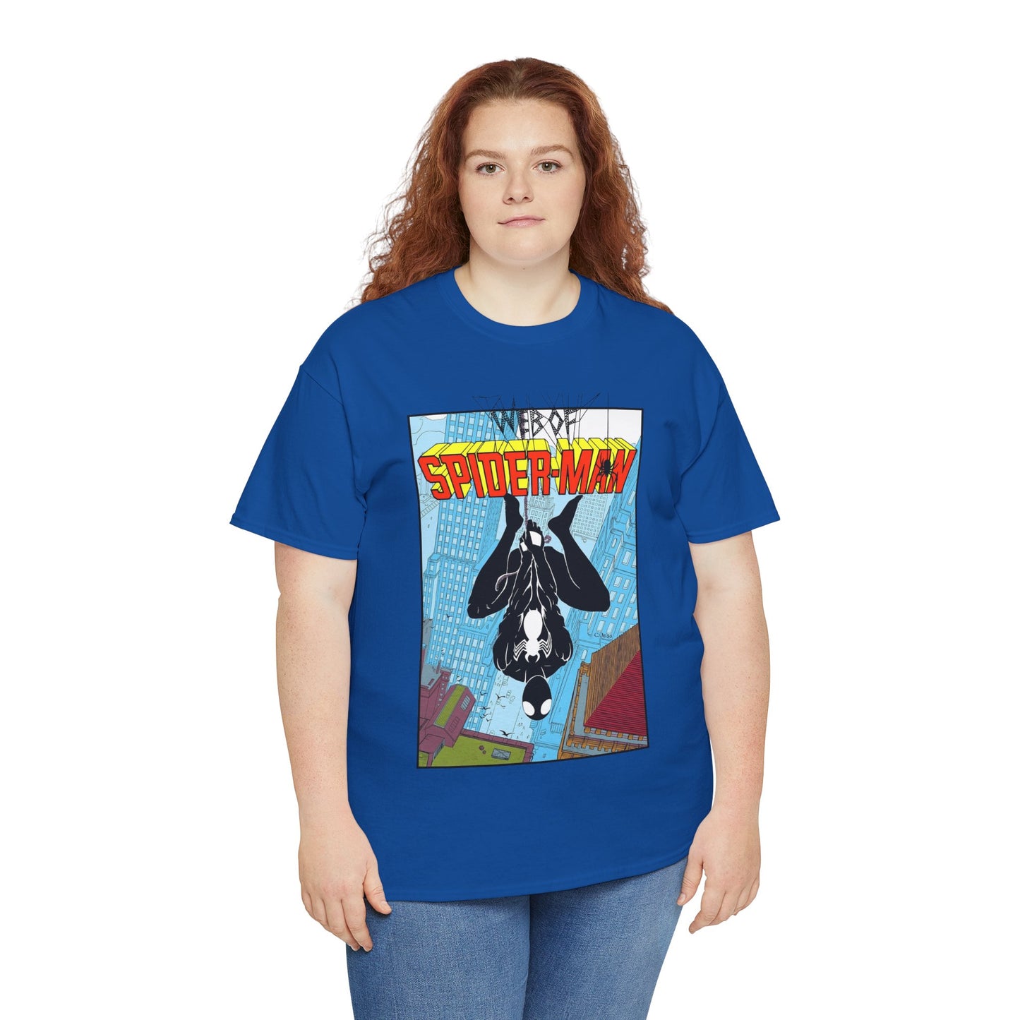 Web of Spider-Man T-Shirt - Charles Vess Art - Peter Parker, Web Slinger - Manhattan Skyline - Spidey Black Suit - Marvel Comics