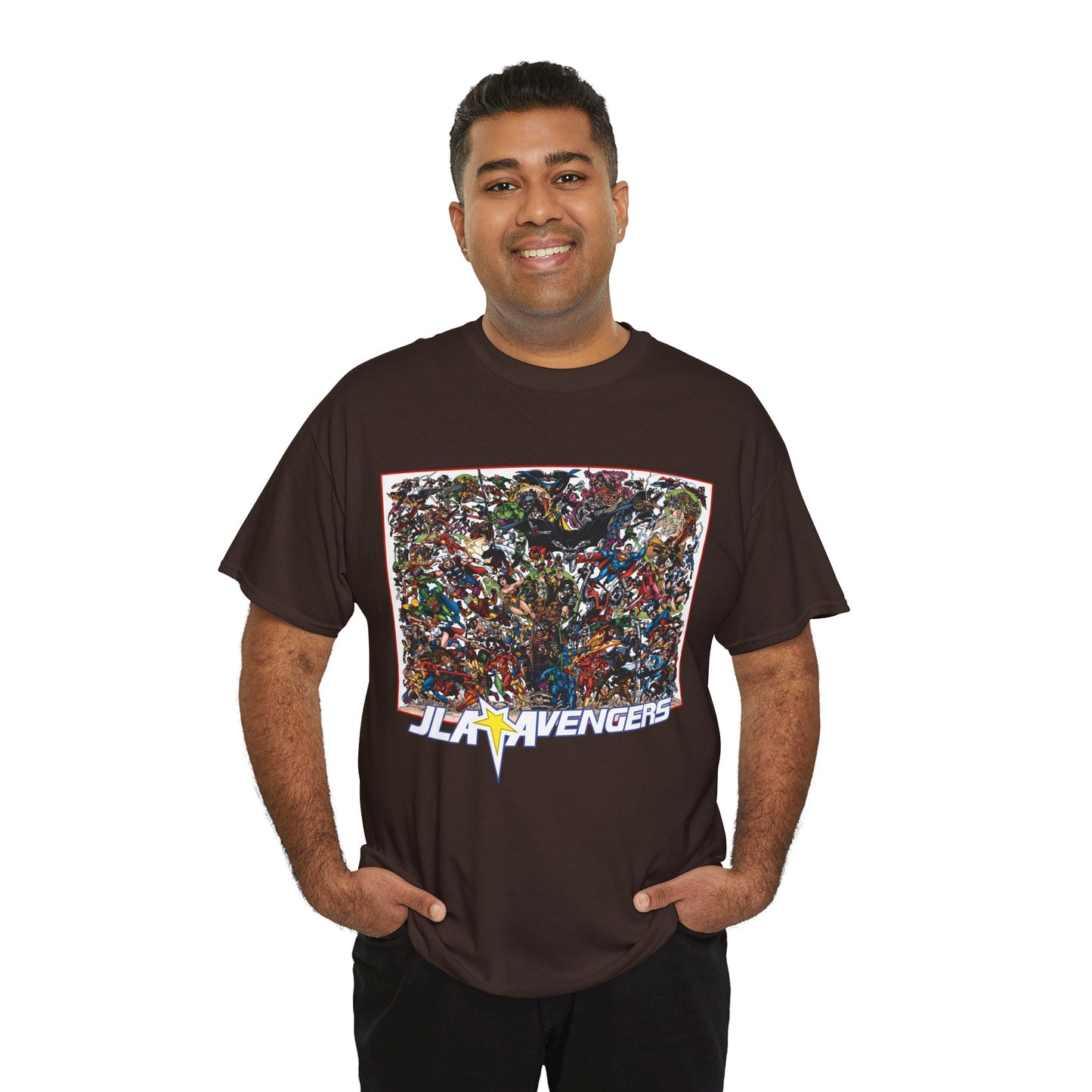 JLA Vs Avengers T-Shirt - Stunning, Classic George Perez Art - DC & Marvel 200s Crossover - Superman, Thor, Wonder Woman, Captain America, Flash, Black Panther, Iron Man, Batman