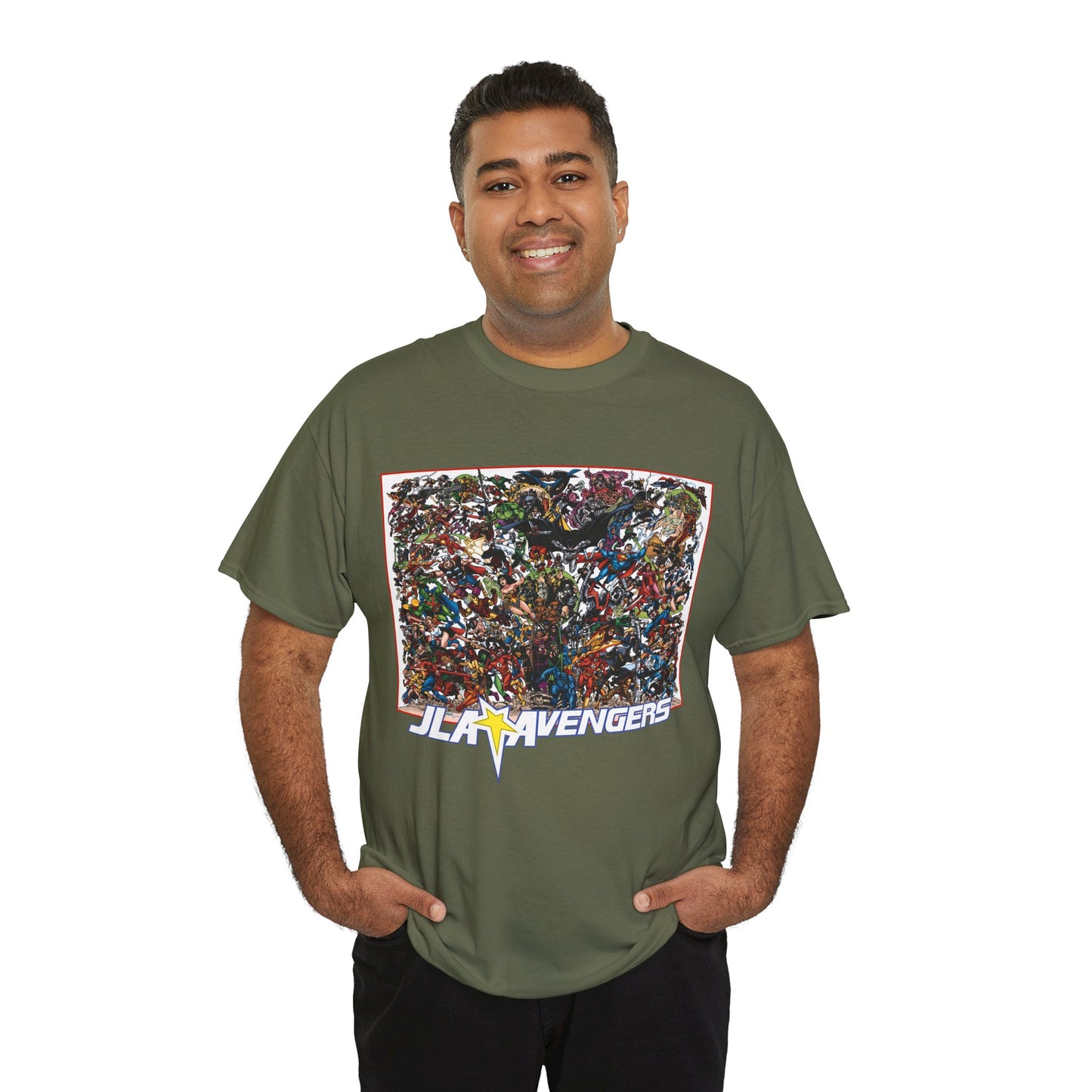 JLA Vs Avengers T-Shirt - Stunning, Classic George Perez Art - DC & Marvel 200s Crossover - Superman, Thor, Wonder Woman, Captain America, Flash, Black Panther, Iron Man, Batman