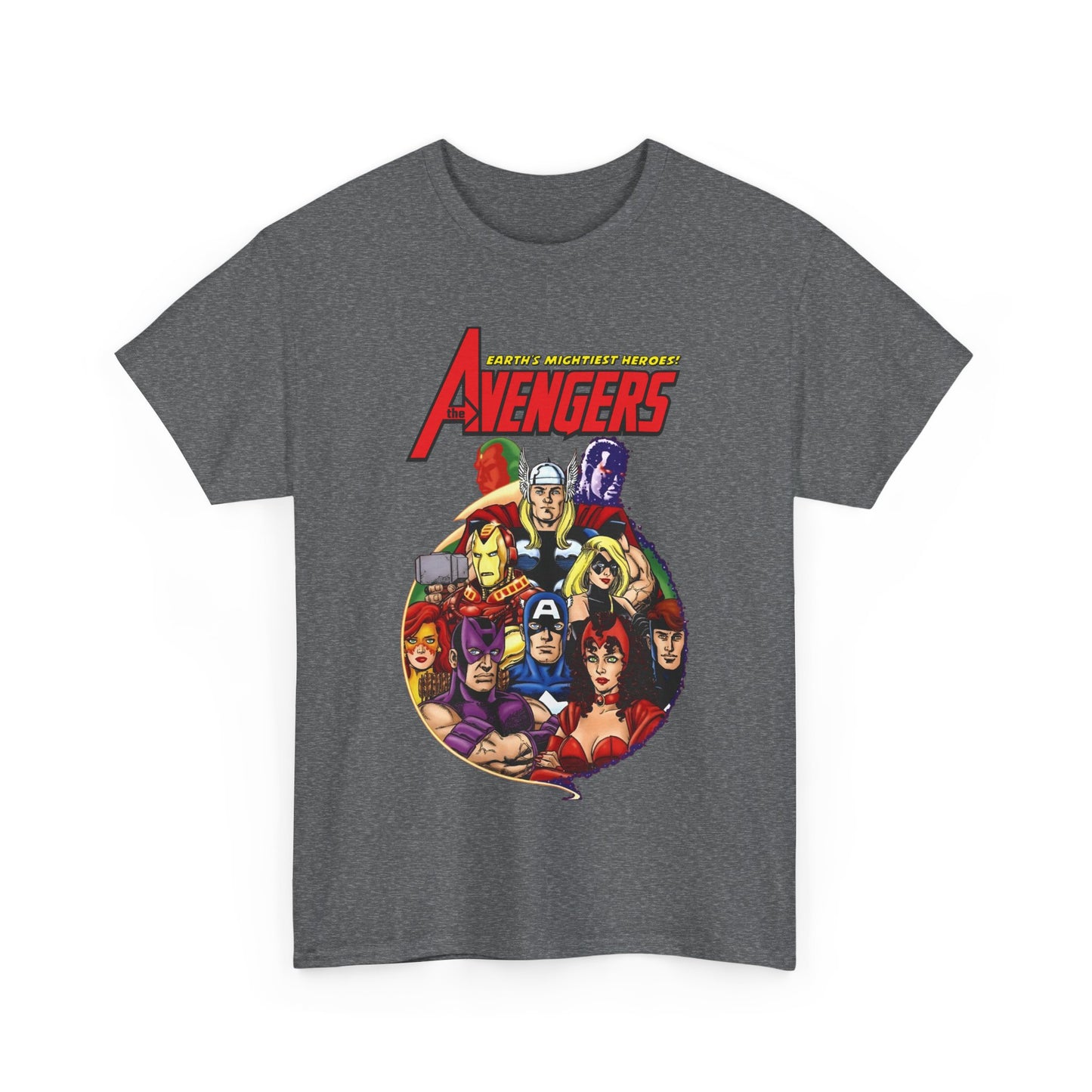 Avengers T-Shirt - George Perez Art - Captain America, Vision, Wonder Man, Iron Man, Thor, Hawkeye, Scarlet Witch - Popular Marvel Comics Characters