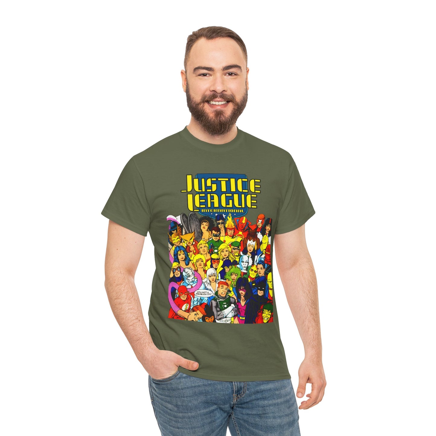 Justice League International T-Shirt - Kevin Maguire DC Comics Sourcebook Art - Booster Gold, Blue Beetle, Batman, Martian Manhunter, Captain Atom, Fire, Ice, Guy Gardner