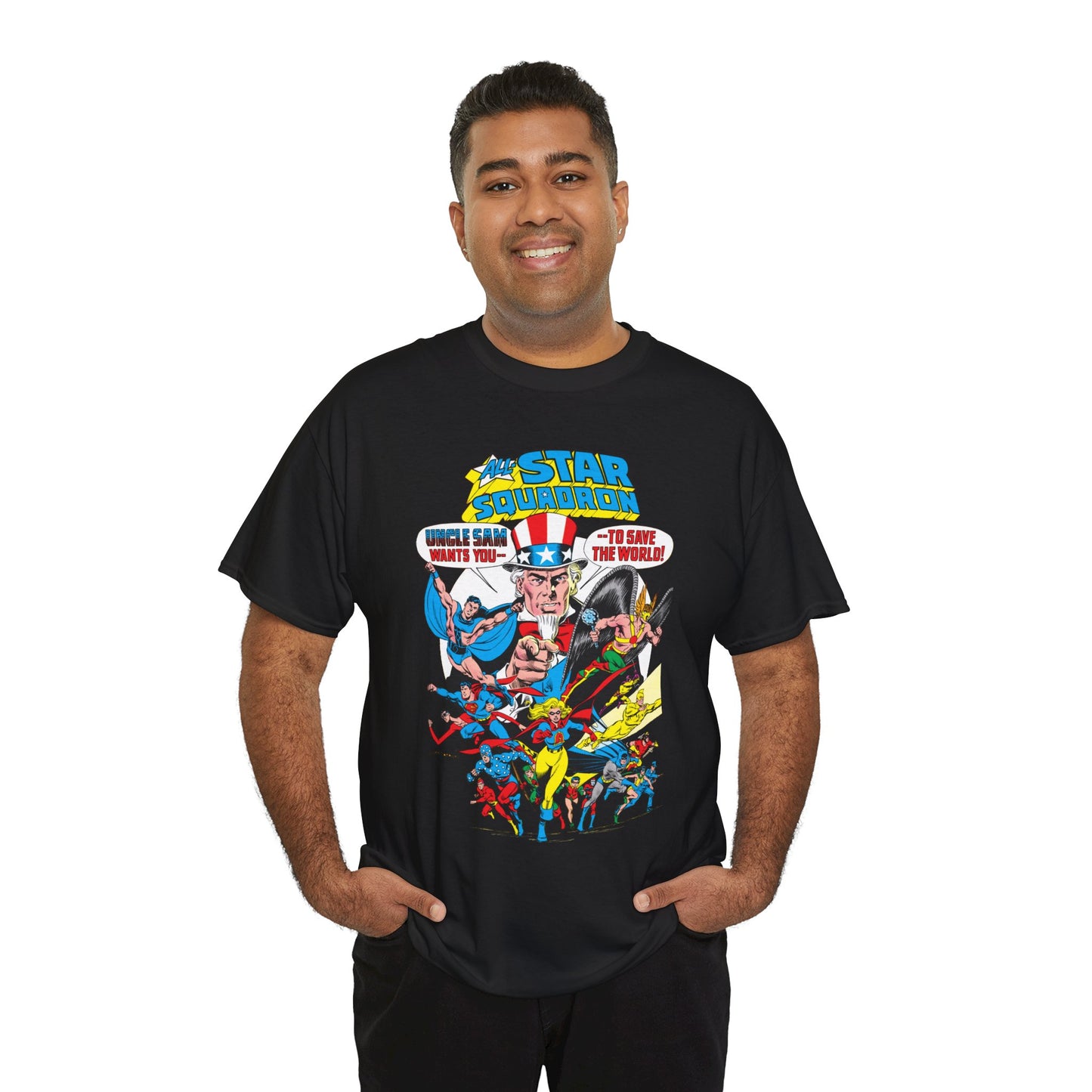 All-Star Squadron T-Shirt - Jerry Ordway Art - Uncle Sam, Hawkman, Superman, Liberty Belle, Black Condor, the Ray, Batman, Plastic Man - JSA Link - DC Comics