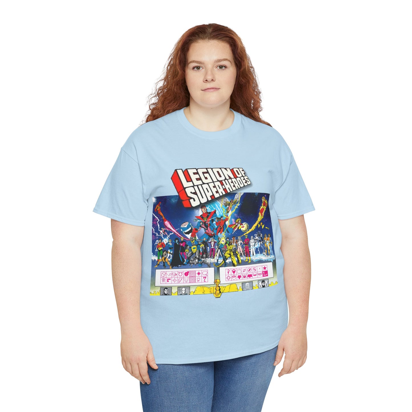 Legion of Super-Heroes T-Shirt - Gorgeous George Perez Art - History of the DC Universe - Lightning Lad, Timber Wolf, Wildfire, Sun Boy, Chamelon Boy - DC Comics
