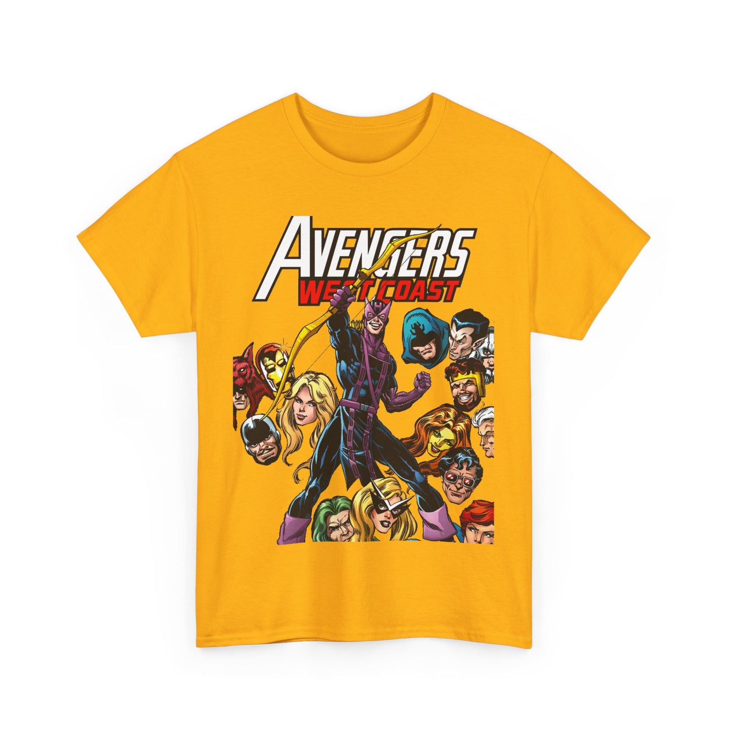 Avengers West Coast T-Shirt - Bob Hall Art - Hawkeye, Iron Man, Wonder Man, Tigra, Mockingbird - Marvel Comics Team