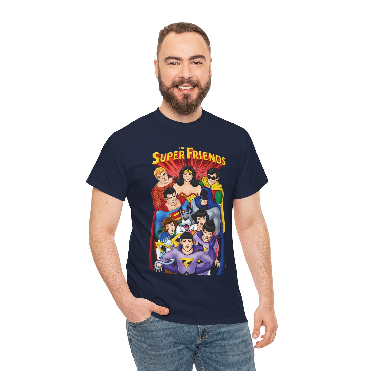 Super Friends T-Shirt - Kevin Maguire Art - Wonder Twins, Gleek, Superman, Wonder Woman Batman - DC Comics - Based on 1970s Hanna-Barbera Cartoon