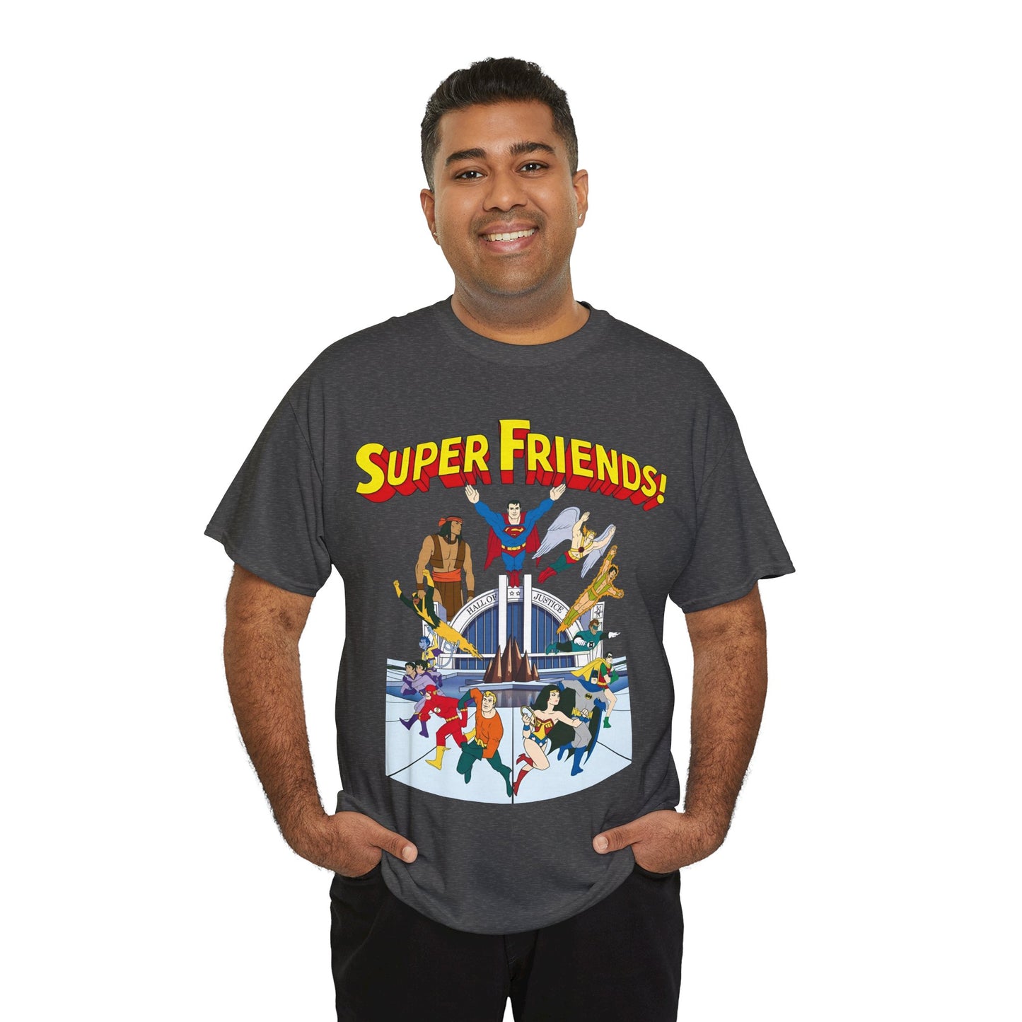 Super Friends T-Shirt - DC Hanna-Barbera - Superman, Wonder Woman, Black Vulcan, Batman, The Wonder Twins, Apache Chief, Hall of Justice