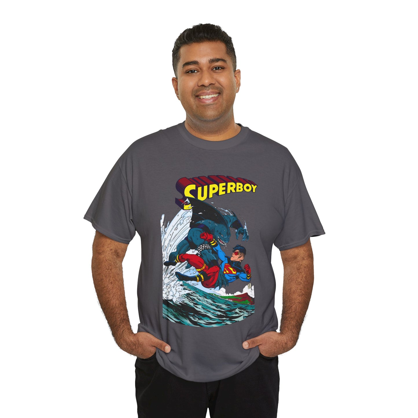 King Shark Vs Superboy T-Shirt - Tom Grummett Art - Connor Kent, Kon-L - Superman Family - DC Comics