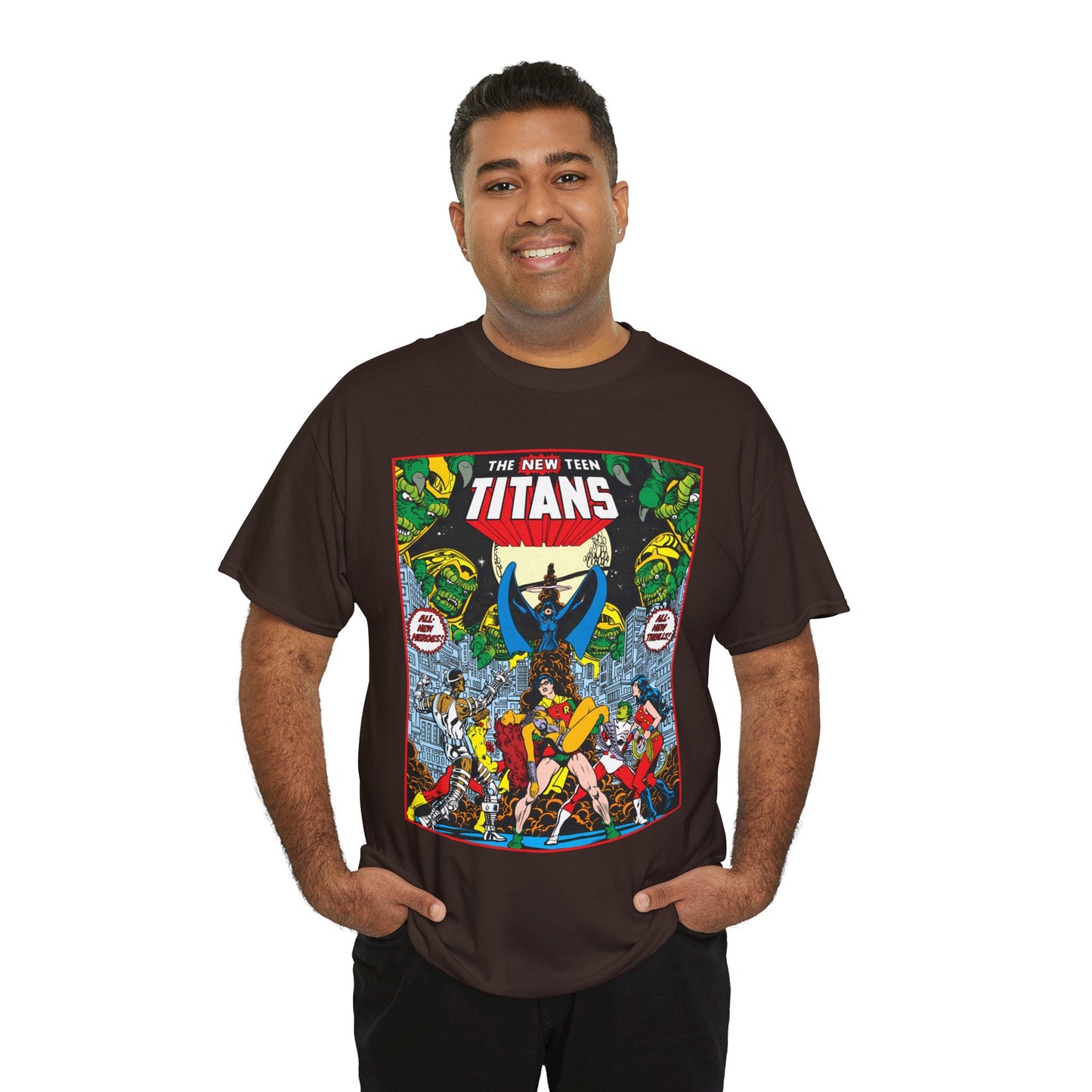 New Teen Titans T-Shirt - George Perez Art - #1 Splash Page - Robin, Starfire, Wonder Girl, Cyborg, Raven, Changeling, Kid Flash - DC Comics