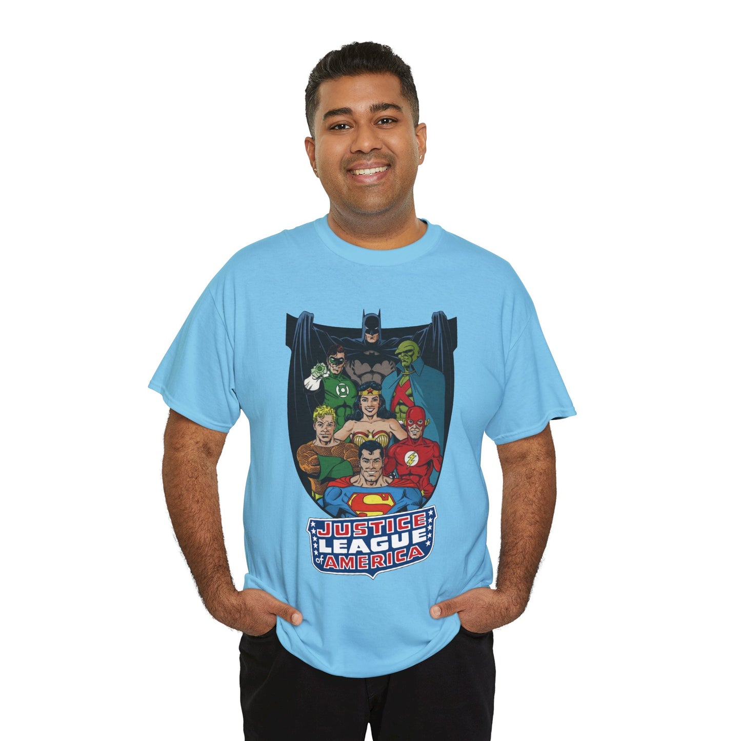 Justice League of America T-Shirt - George Perez Art - Superman, Wonder Woman, Batman, Aquaman, Martian Manhunter, Flash, Green Lantern - DC Comics