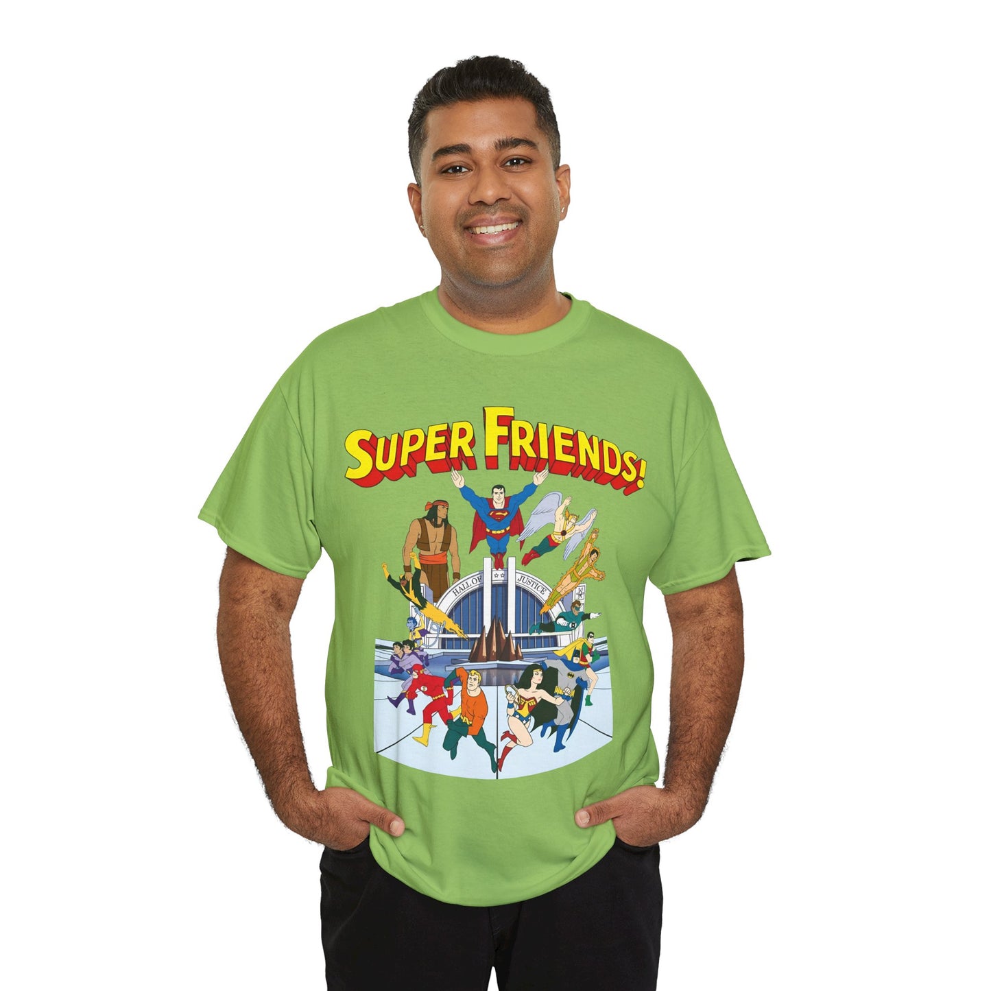 Super Friends T-Shirt - DC Hanna-Barbera - Superman, Wonder Woman, Black Vulcan, Batman, The Wonder Twins, Apache Chief, Hall of Justice