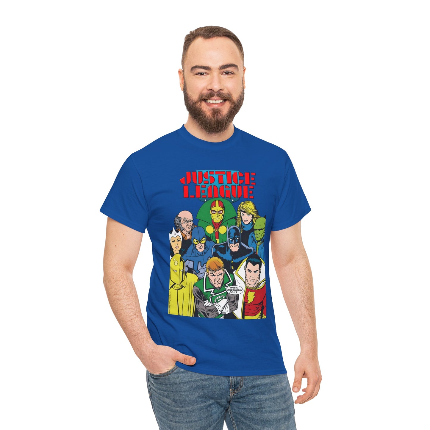 Justice League International T-Shirt - Kevin Maguire Art - JLI - DC Comics - Blue Beetle, Dr Fate, Batman, Mr Miracle, Martian Manhunter - Guy Gardner