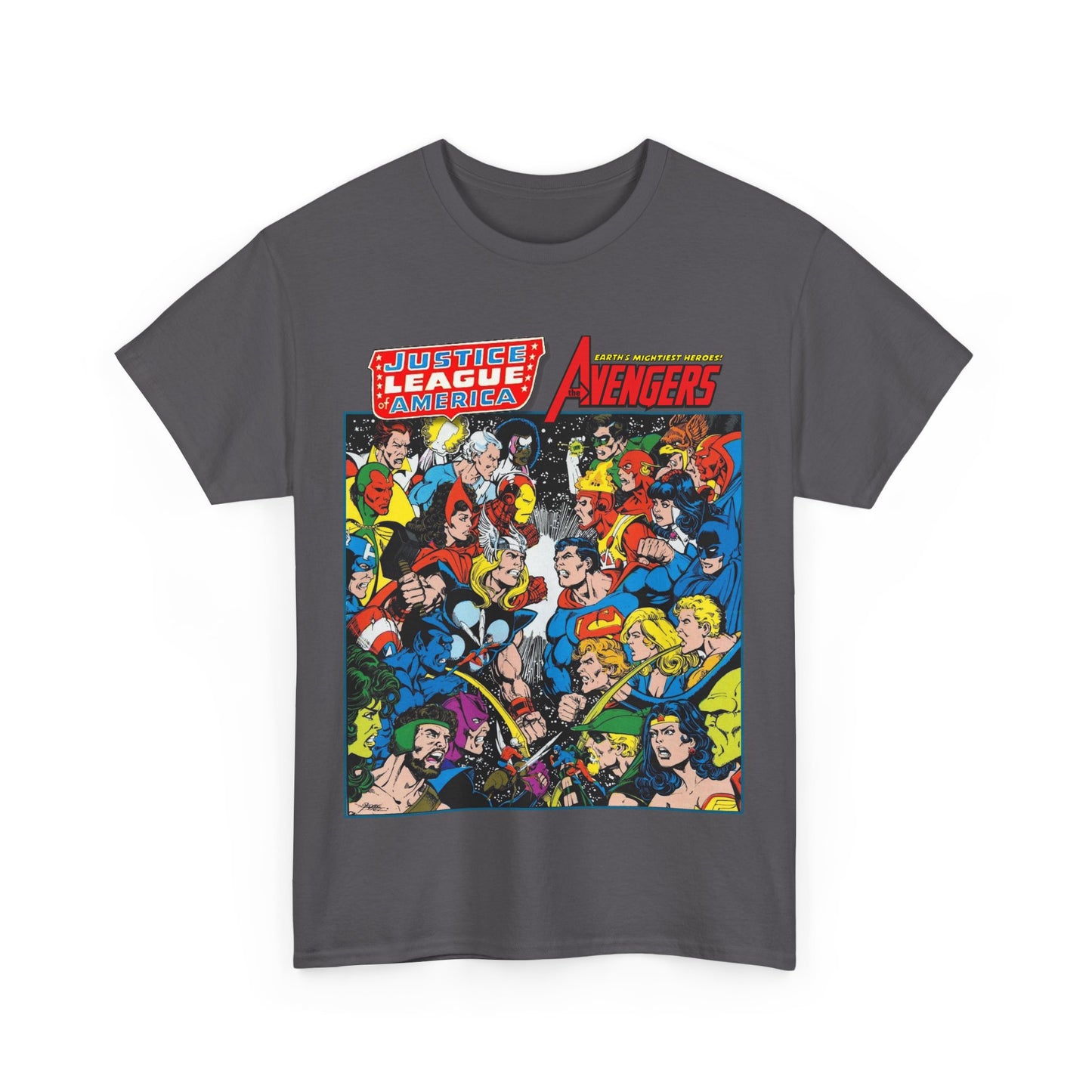 Justice League/Avengers T-Shirt - DC & Marvel Comics Art - George Perez - JLA - Batman, Captain America, Iron Man, Green Lantern