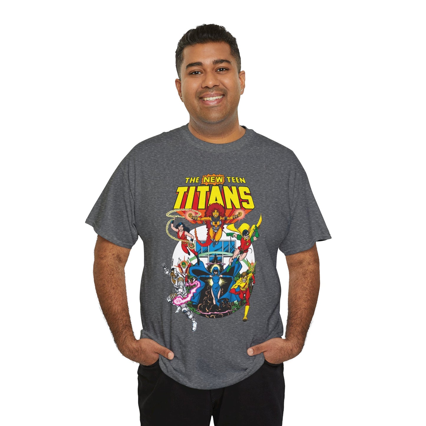 New Teen Titans T-Shirt - Classic George Perez Art - Cyborg, Raven, Starfire, Robin, Wonder Girl, Changeling, Kid Flash - Titans Tower - Popular DC Comics 1980s Series