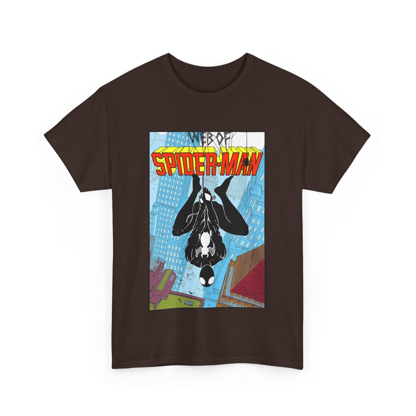 Web of Spider-Man T-Shirt - Charles Vess Art - Peter Parker, Web Slinger - Manhattan Skyline - Spidey Black Suit - Marvel Comics