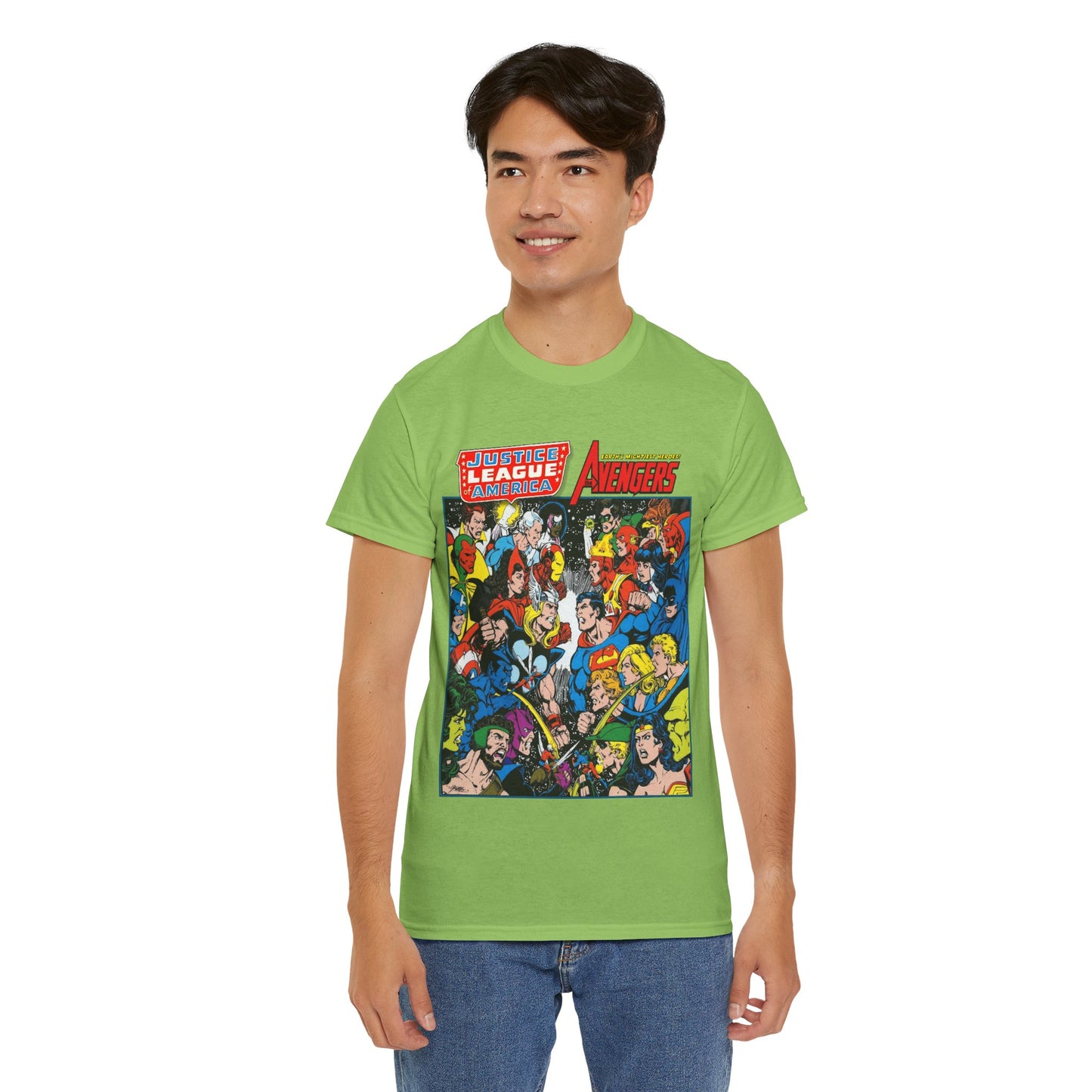 Justice League/Avengers T-Shirt - DC & Marvel Comics Art - George Perez - JLA - Batman, Captain America, Iron Man, Green Lantern
