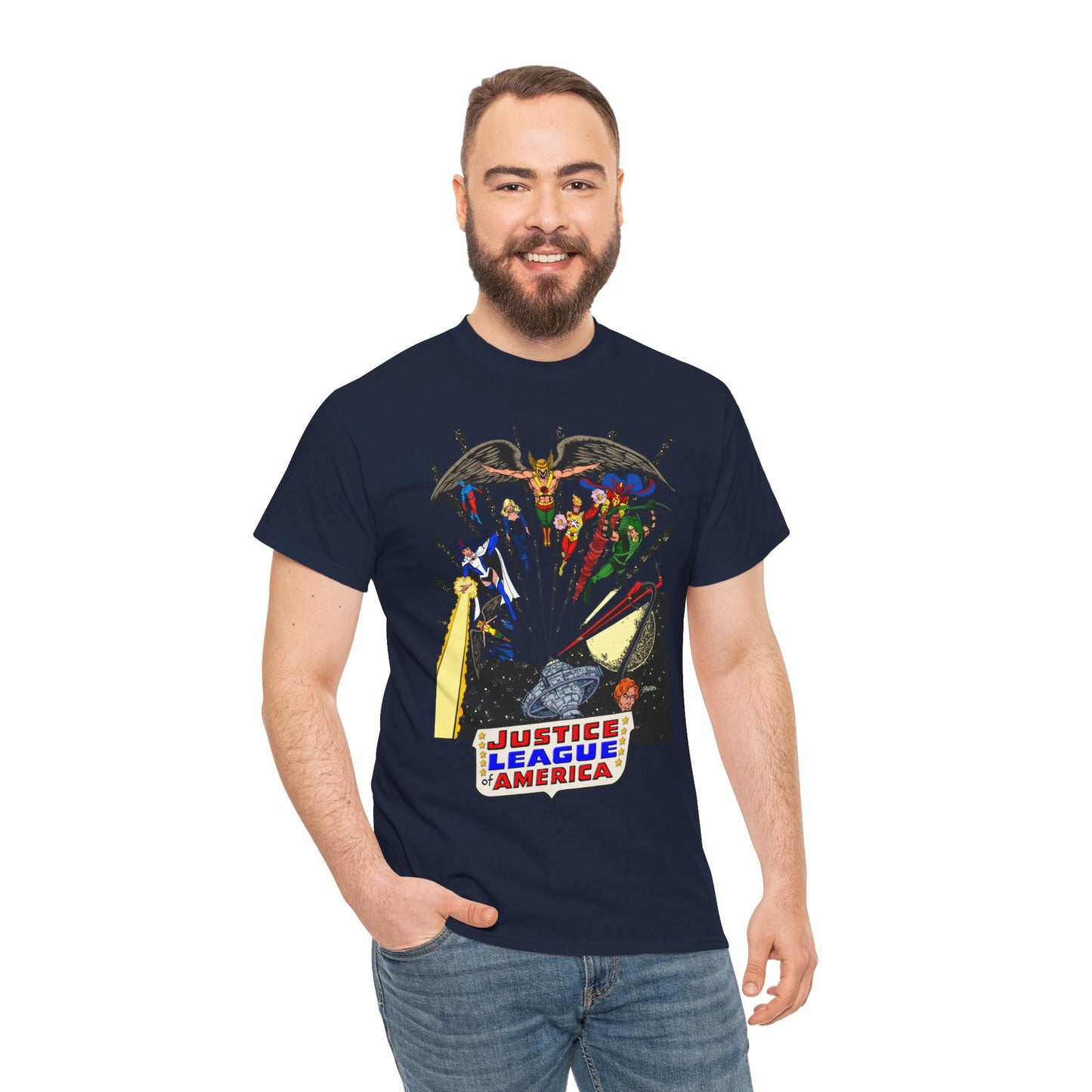 Justice League of America T-Shirt - George Perez Art - Bronze Age Satellite Era - DC Comics - Hawkman, Zatanna, Atom, Firestorm, Elongated Man, Green Arrow