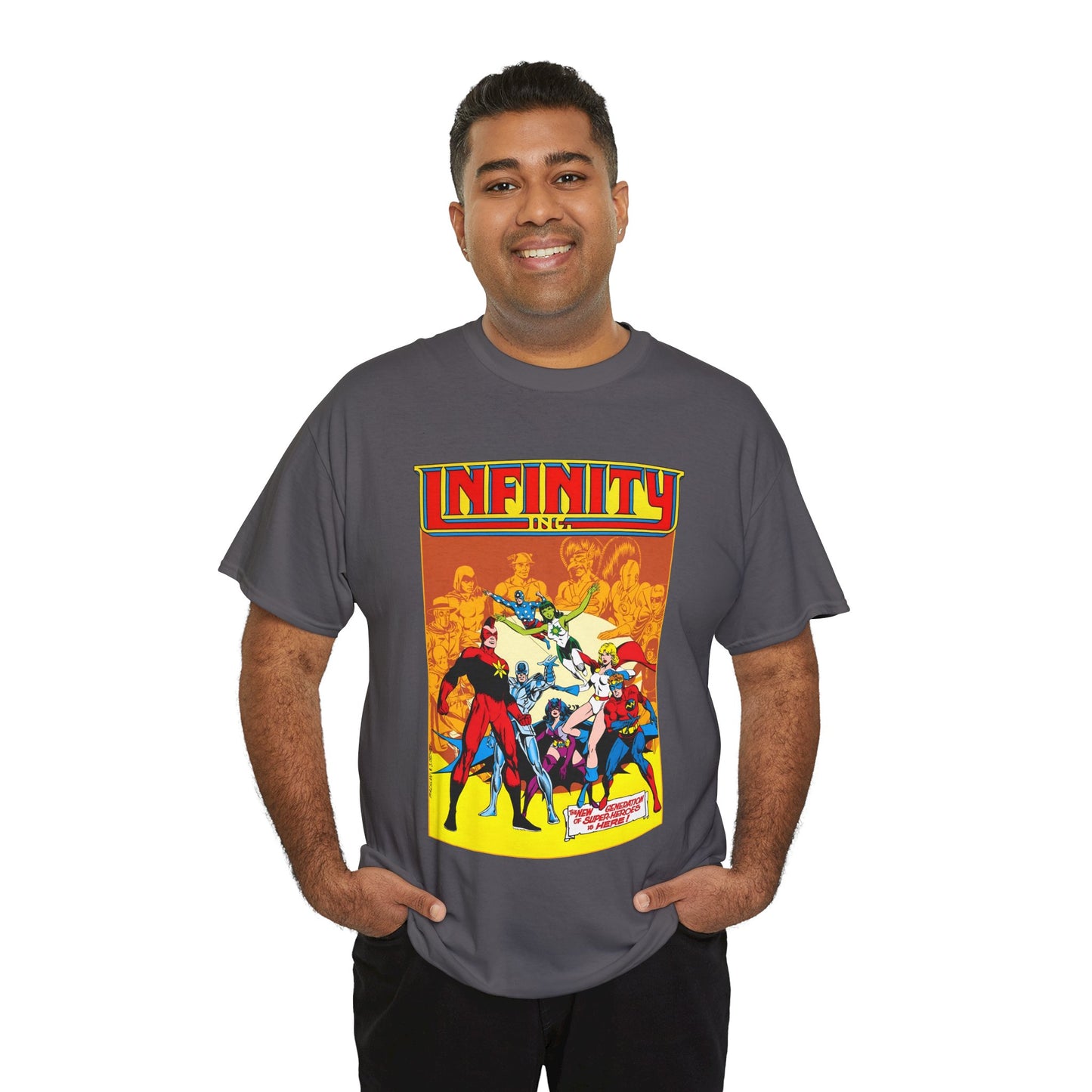 Infinity, Inc T-Shirt - Jerry Ordway Art - Silver Scarab, Huntress, Power Girl, Star-Spangled Kid, Fury, Jade - DC Comics - 1980s JSA Spin-Off Series