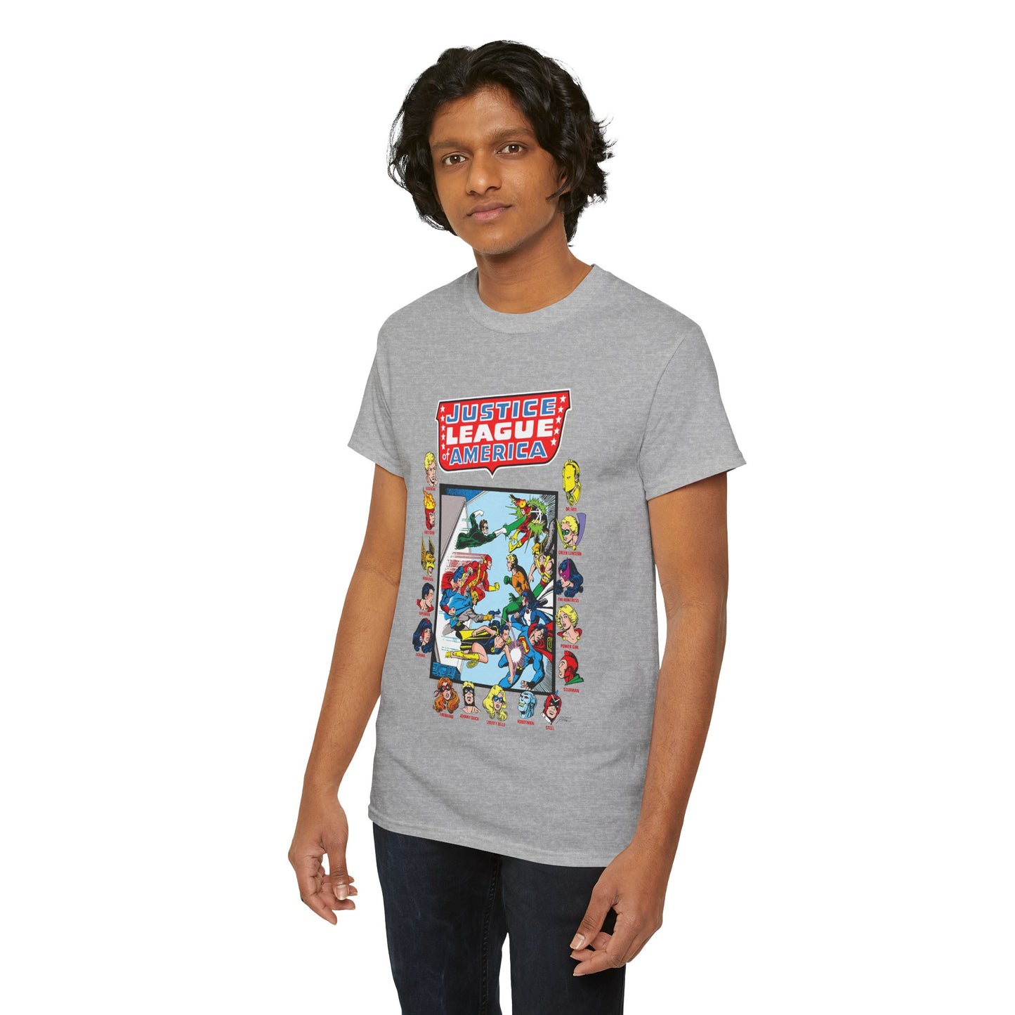 JLA & JSA T-Shirt - George Perez Art - All-Star Squadron - Firestorm, Huntress, Starman, Zatanna, Liberty Belle, Superman, Robotman, Firebrand, Dr Fate - DC Comics