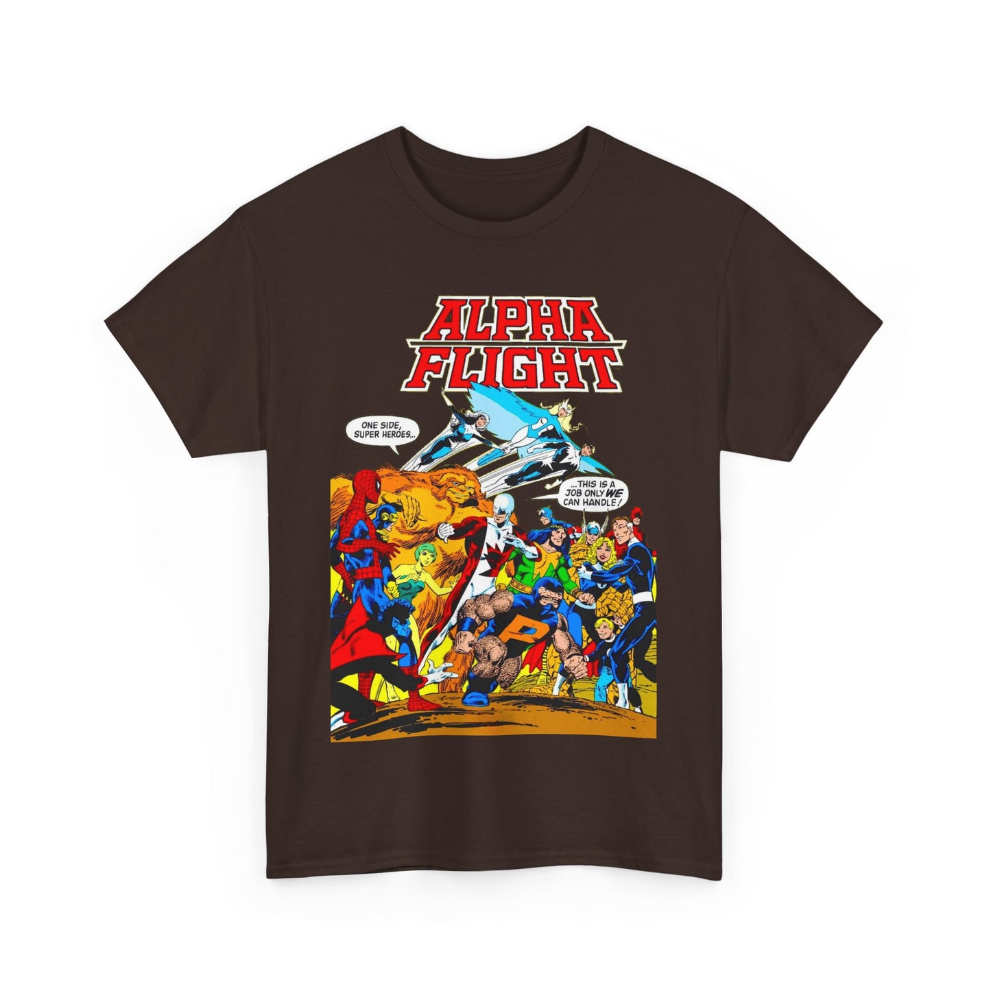 Alpha Flight T-Shirt - John Byrne Art - Sasquatch, Aurora, Northstar, Guardian, Puck, Shaman, Snowbird - Canada's Super Team - Marvel Comics