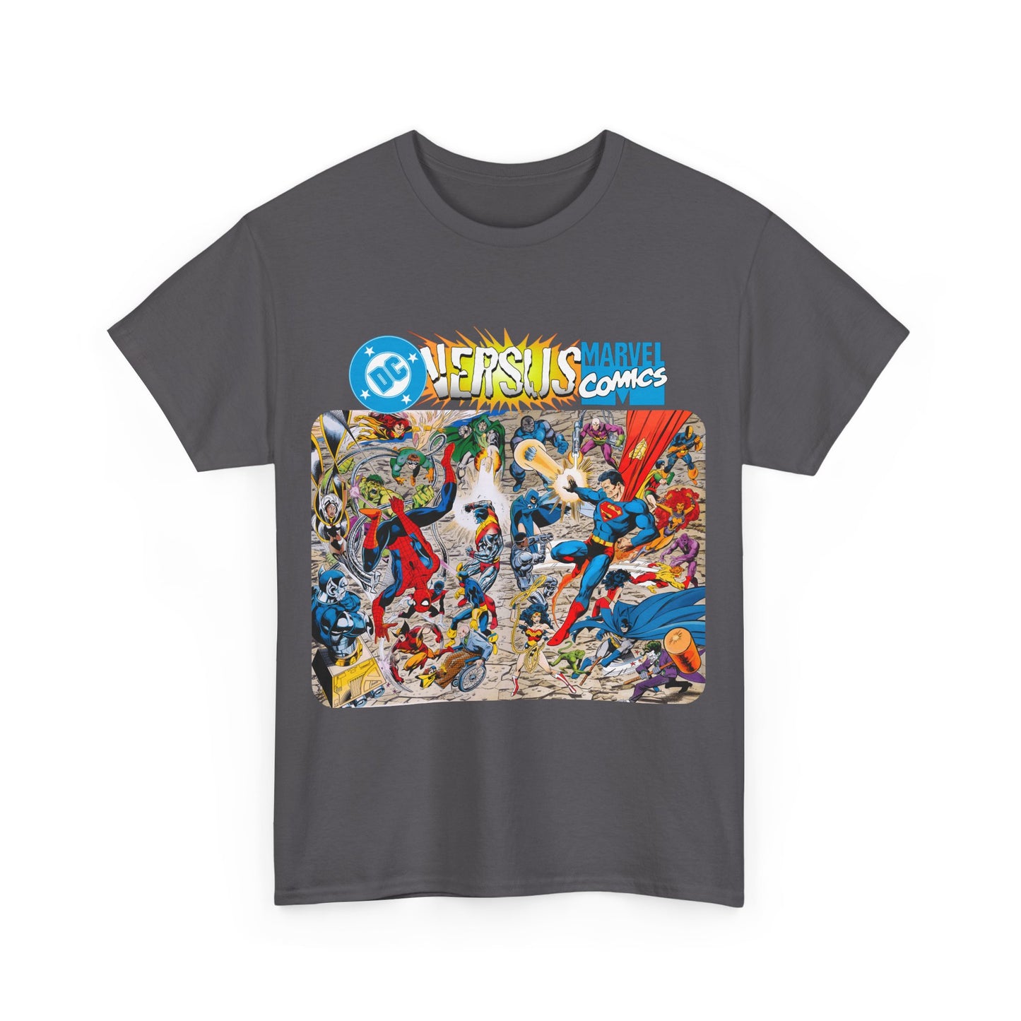 DC Comics Vs Marvel T-Shirt - John Byrne Art - Spider-Man, Raven, Cyborg, Wolverine, Joker, Superman, Batman, Deathstroke, Darkseid