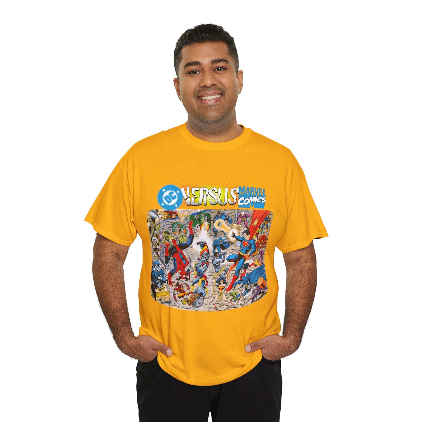 DC Comics Vs Marvel T-Shirt - John Byrne Art - Spider-Man, Raven, Cyborg, Wolverine, Joker, Superman, Batman, Deathstroke, Darkseid