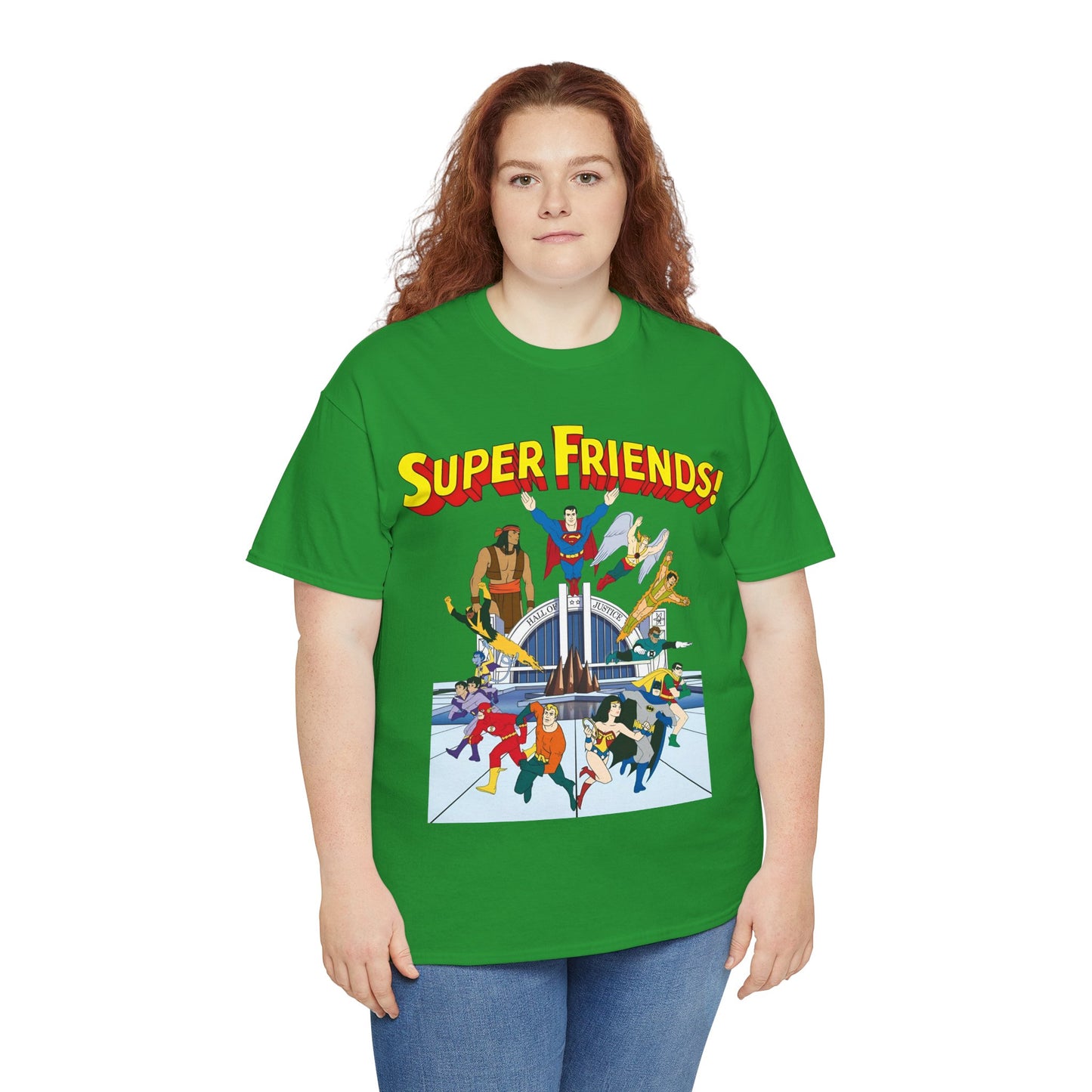 Super Friends T-Shirt - DC Hanna-Barbera - Superman, Wonder Woman, Black Vulcan, Batman, The Wonder Twins, Apache Chief, Hall of Justice