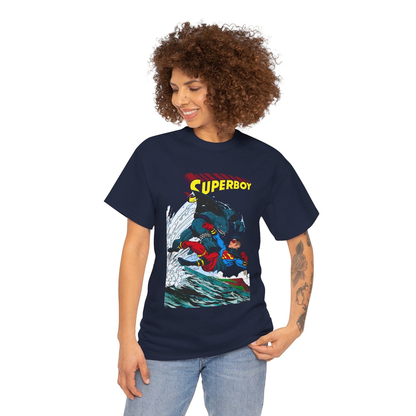 King Shark Vs Superboy T-Shirt - Tom Grummett Art - Connor Kent, Kon-L - Superman Family - DC Comics