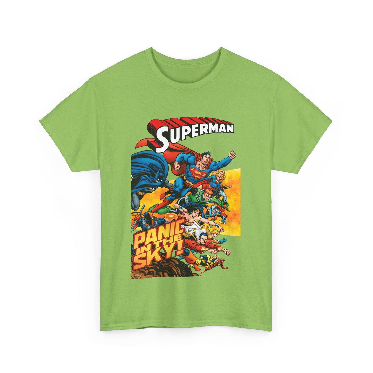 Superman - Panic in the Sky T-Shirt - Dan Jurgens Art - Vs Brainiac & Maxima - Wonder Woman, Booster Gold, Shazam, Batman, Flash, Aquaman, Supergirl - DC Comics