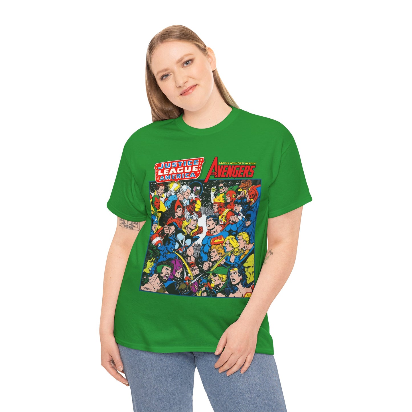 Justice League/Avengers T-Shirt - DC & Marvel Comics Art - George Perez - JLA - Batman, Captain America, Iron Man, Green Lantern