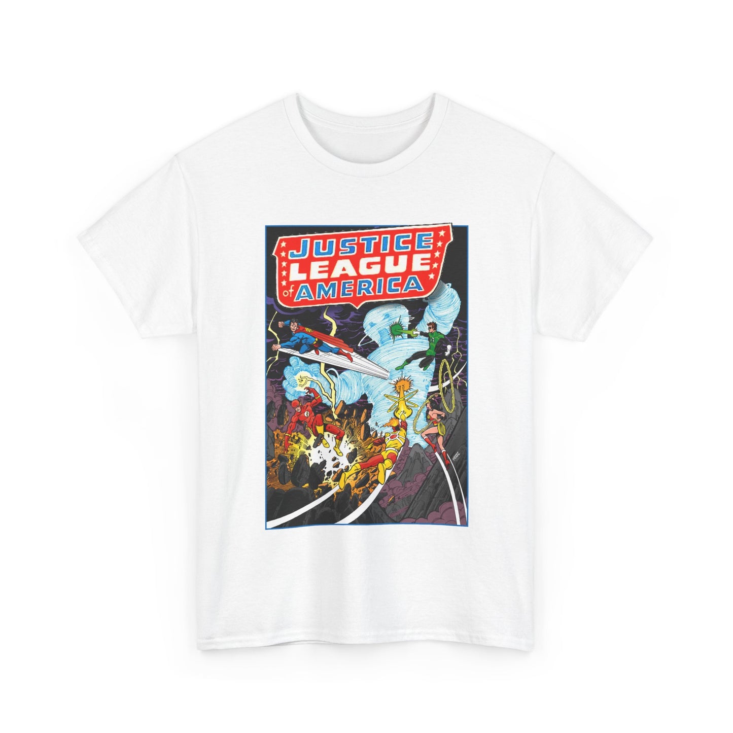 Justice League T-Shirt - George Perez Art - Tornado Tyrant - Superman, Firestorm, Flash, Wonder Woman, Green Lantern - DC Comics