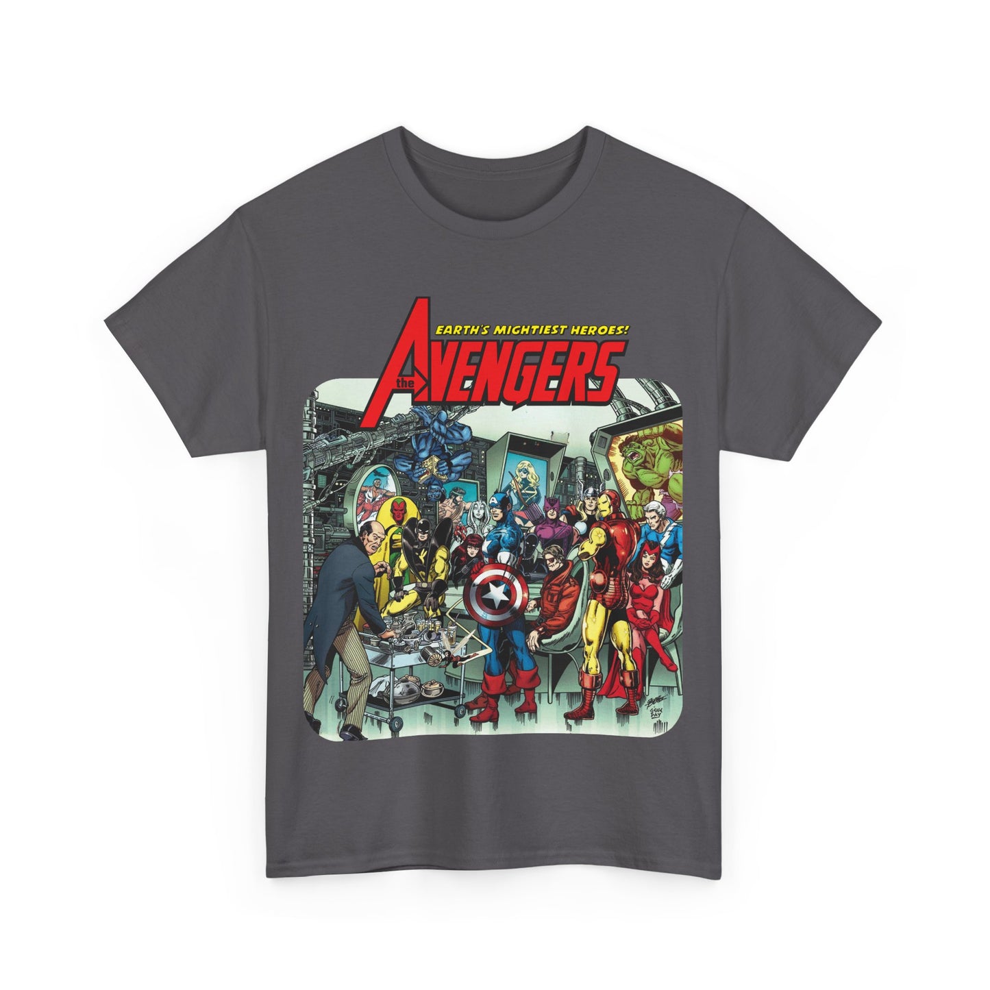Classic Avengers T-Shirt - George Perez Art - Captain America, Hawkeye, Iron Man, Vision, Scarlet Witch, Quicksilver, Jarvis - Marvel Comics
