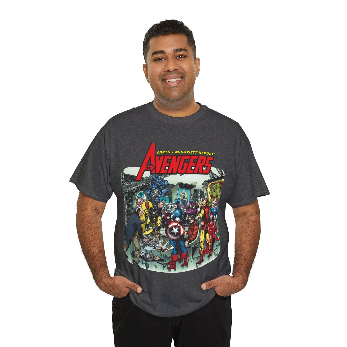 Classic Avengers T-Shirt - George Perez Art - Captain America, Hawkeye, Iron Man, Vision, Scarlet Witch, Quicksilver, Jarvis - Marvel Comics