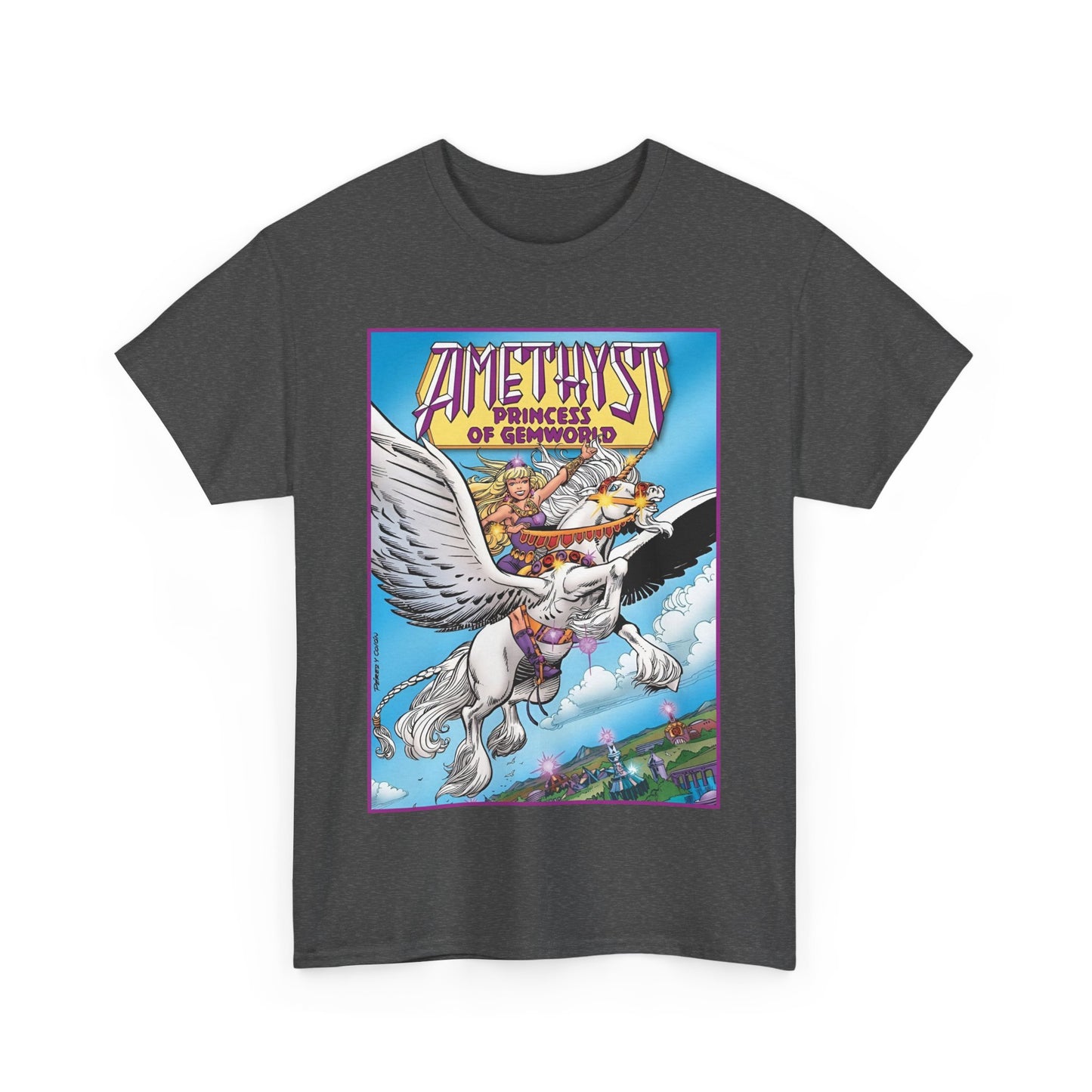 Amethyst Princess of Gemworld T-Shirt - George Perez Art - DC Comics 1980s Series - Riding a Unicorn