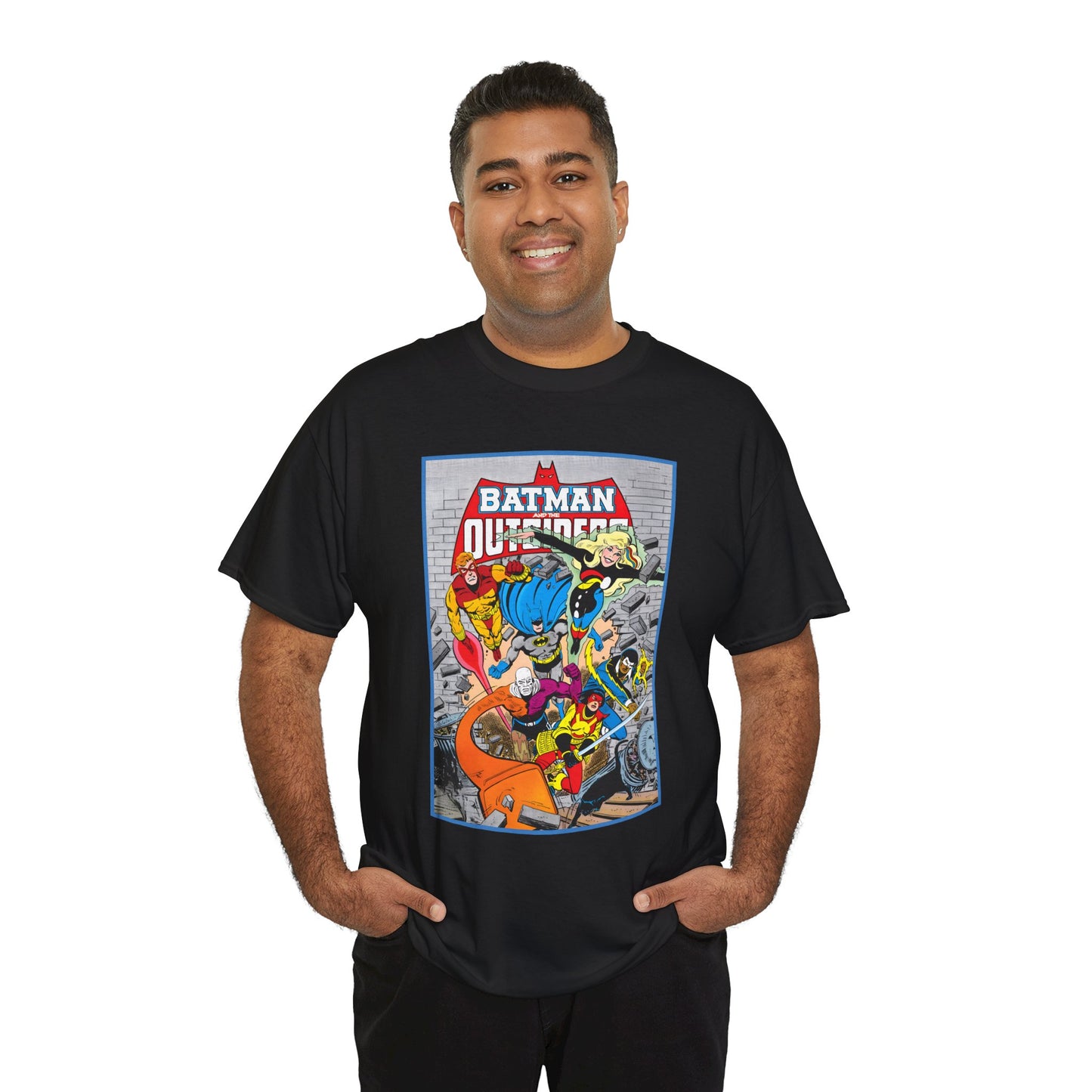 Batman & the Outsiders T-Shirt - Jim Aparo Art - Katana, Geo-Force, Black Lightning, Metamorpho, Halo - DC Comics - 1980s JLA Spin-Off Series