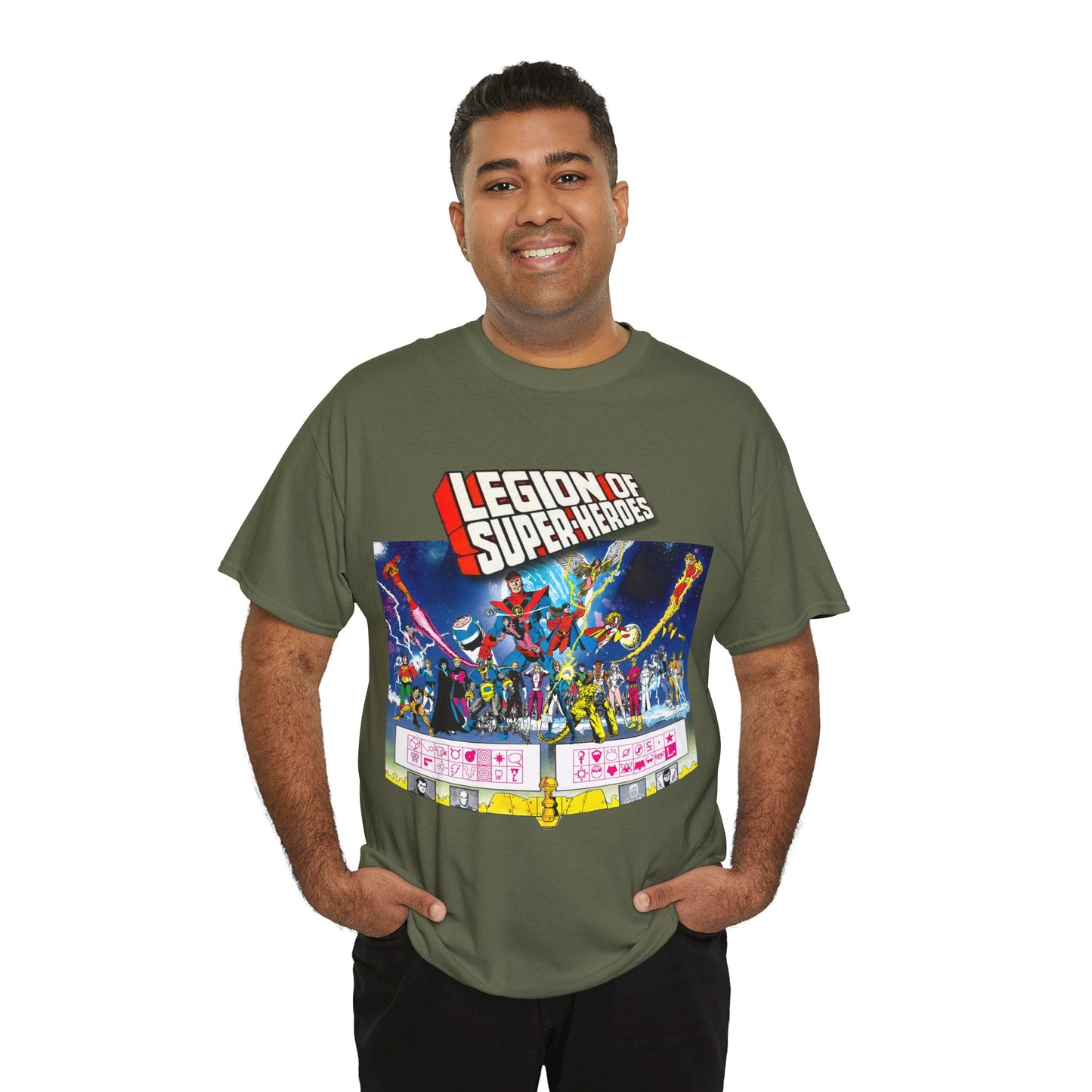 Legion of Super-Heroes T-Shirt - Gorgeous George Perez Art - History of the DC Universe - Lightning Lad, Timber Wolf, Wildfire, Sun Boy, Chamelon Boy - DC Comics