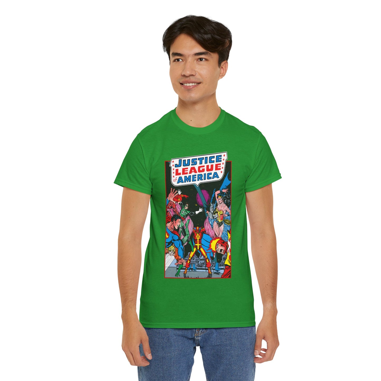 Justice League of America T-Shirt - George Perez Art - 1980s Satellite Era - Superman, Wonder Woman, Firestorm, Green Lantern, Batman - DC Comics