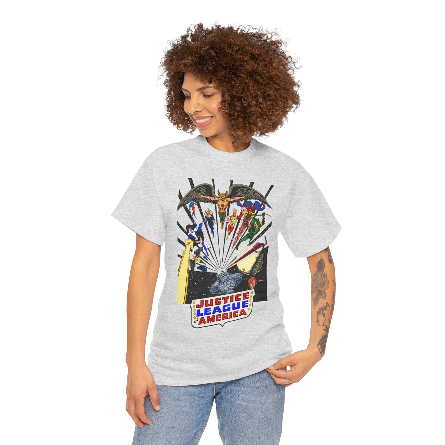 Justice League of America T-Shirt - George Perez Art - Bronze Age Satellite Era - DC Comics - Hawkman, Zatanna, Atom, Firestorm, Elongated Man, Green Arrow
